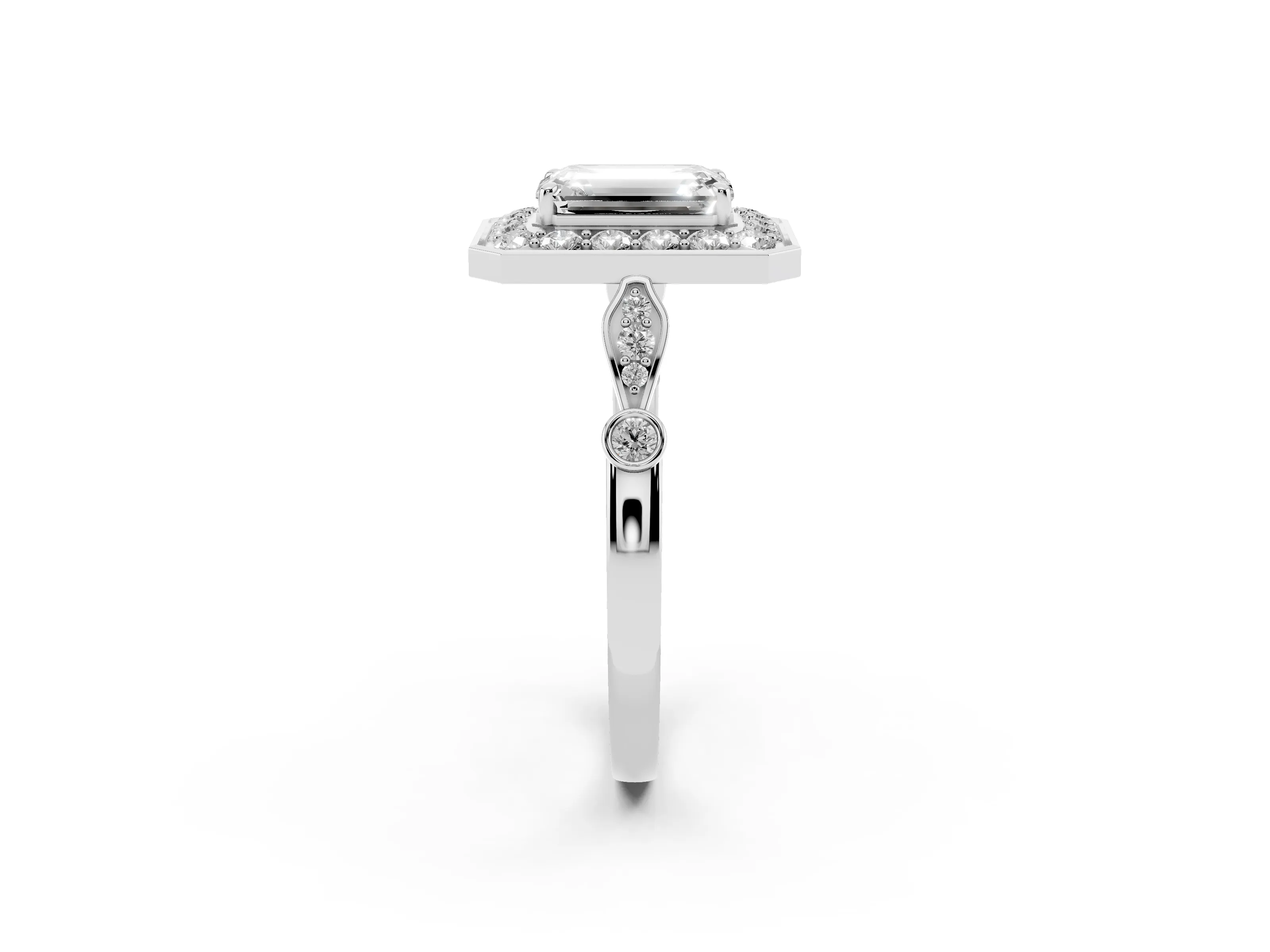 Emerald Cut Diamond Halo Engagement Ring Set in Platinum with Twisted Band and Prong Setting