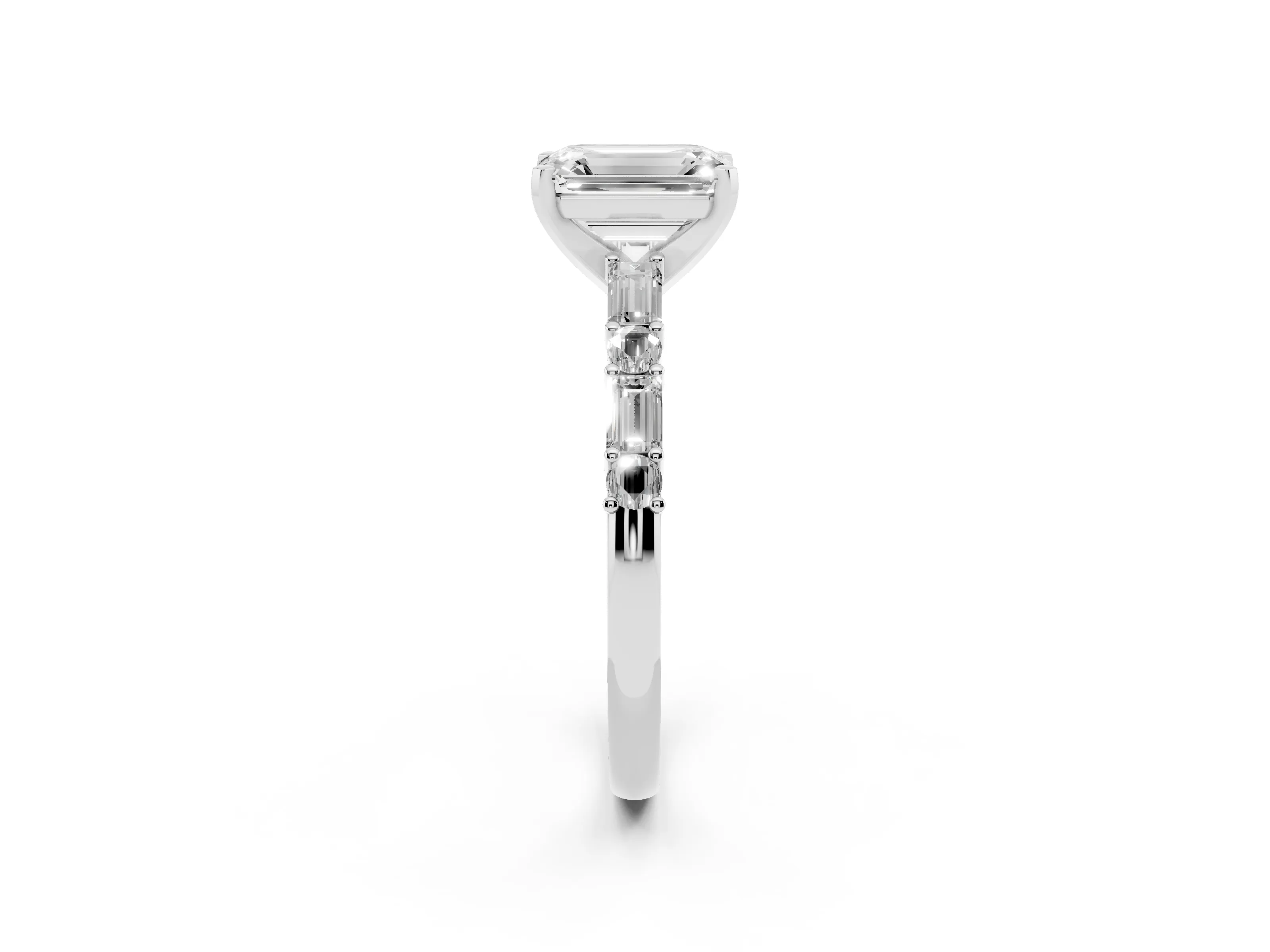 Emerald Cut Diamond Solitaire Set in Platinum with Side Baguettes and Channel Set Band