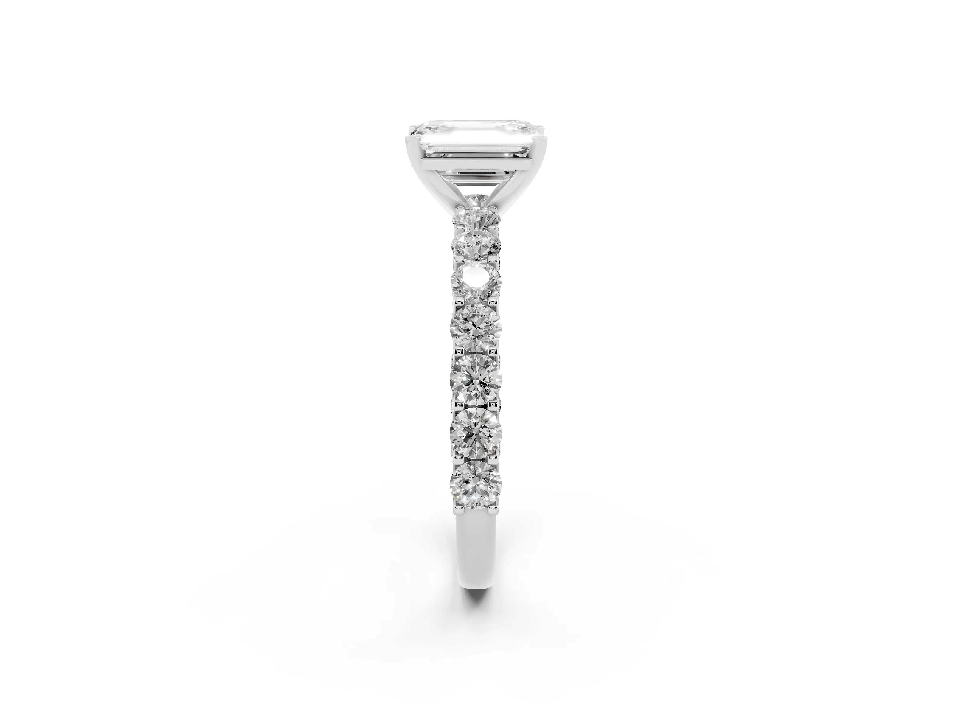 Emerald Cut Diamond Solitaire Ring Set in Platinum with Shared Prong Pavé Band