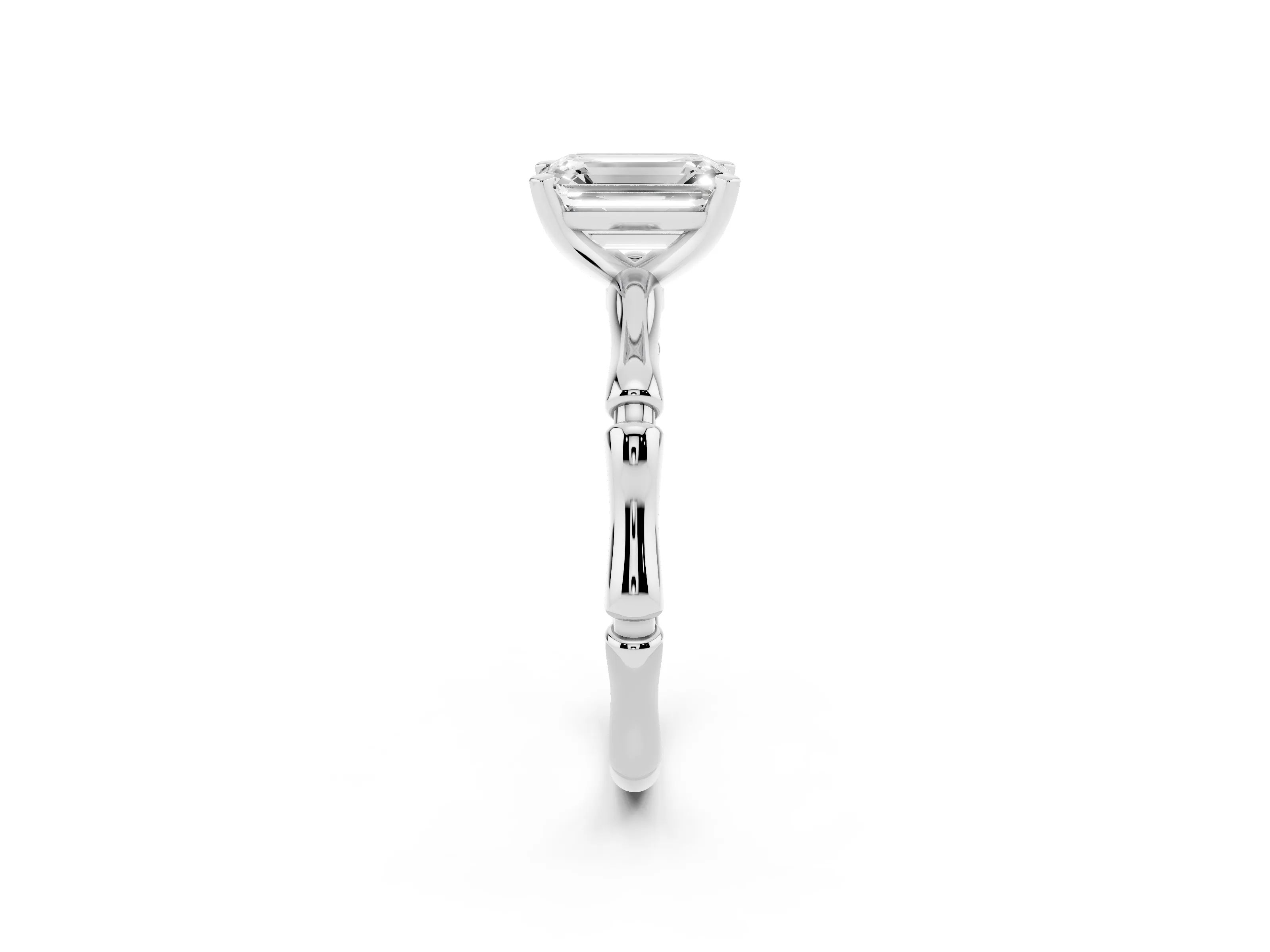 Emerald Cut Diamond Solitaire Ring Set in Silver with Bamboo Band and Prong Setting