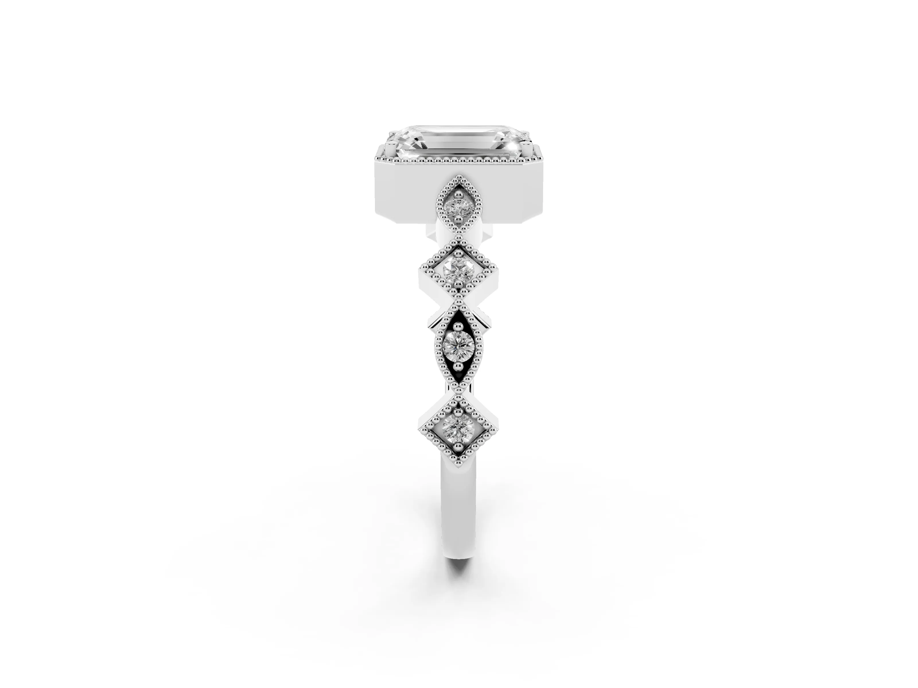 Emerald Cut Diamond Milgrain Marquise Twist Band Ring Set in White gold with Prong Setting