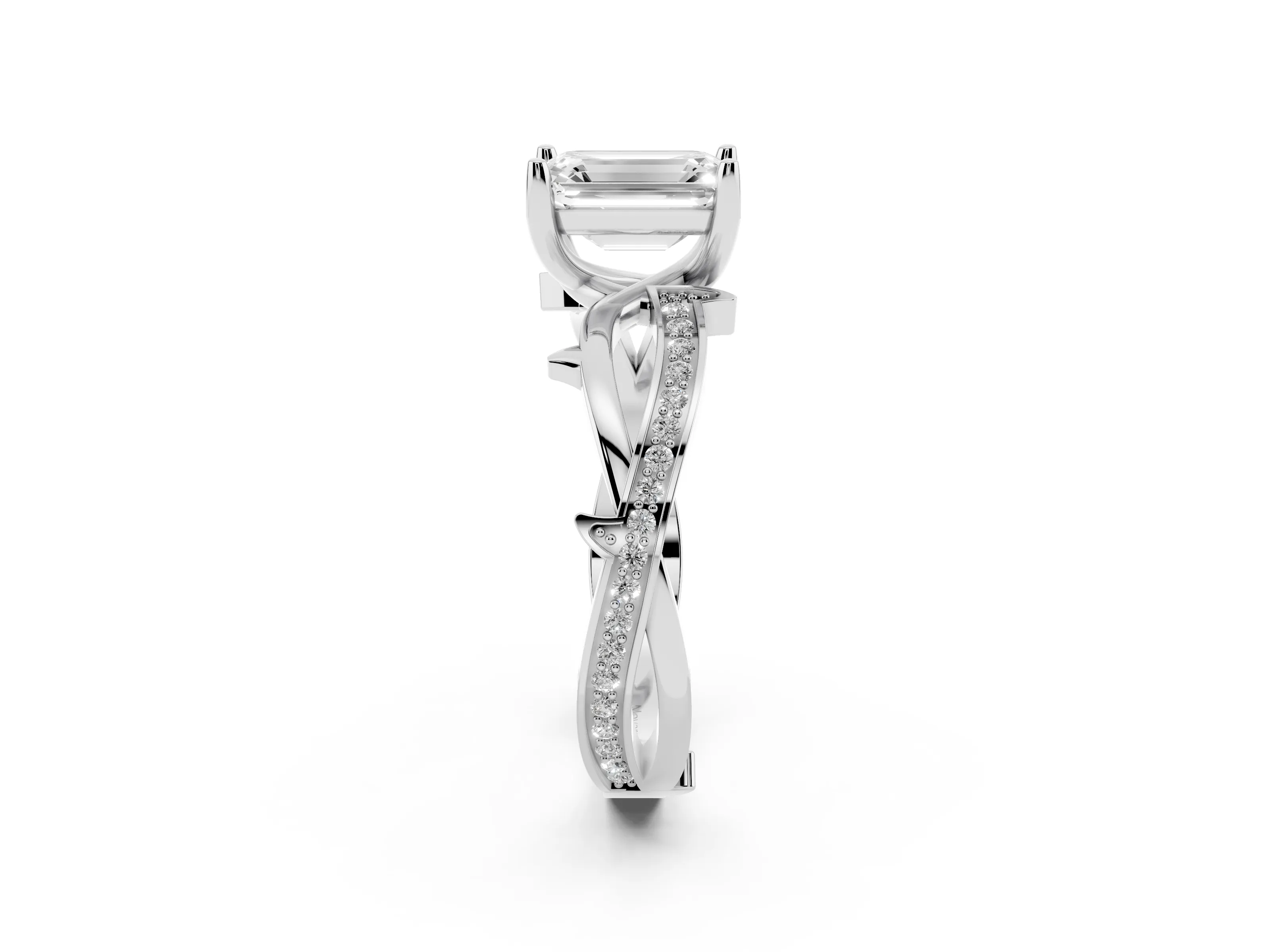 Emerald Cut Diamond Pavé Twist Band Solitaire Ring Set in Silver with Prong Setting