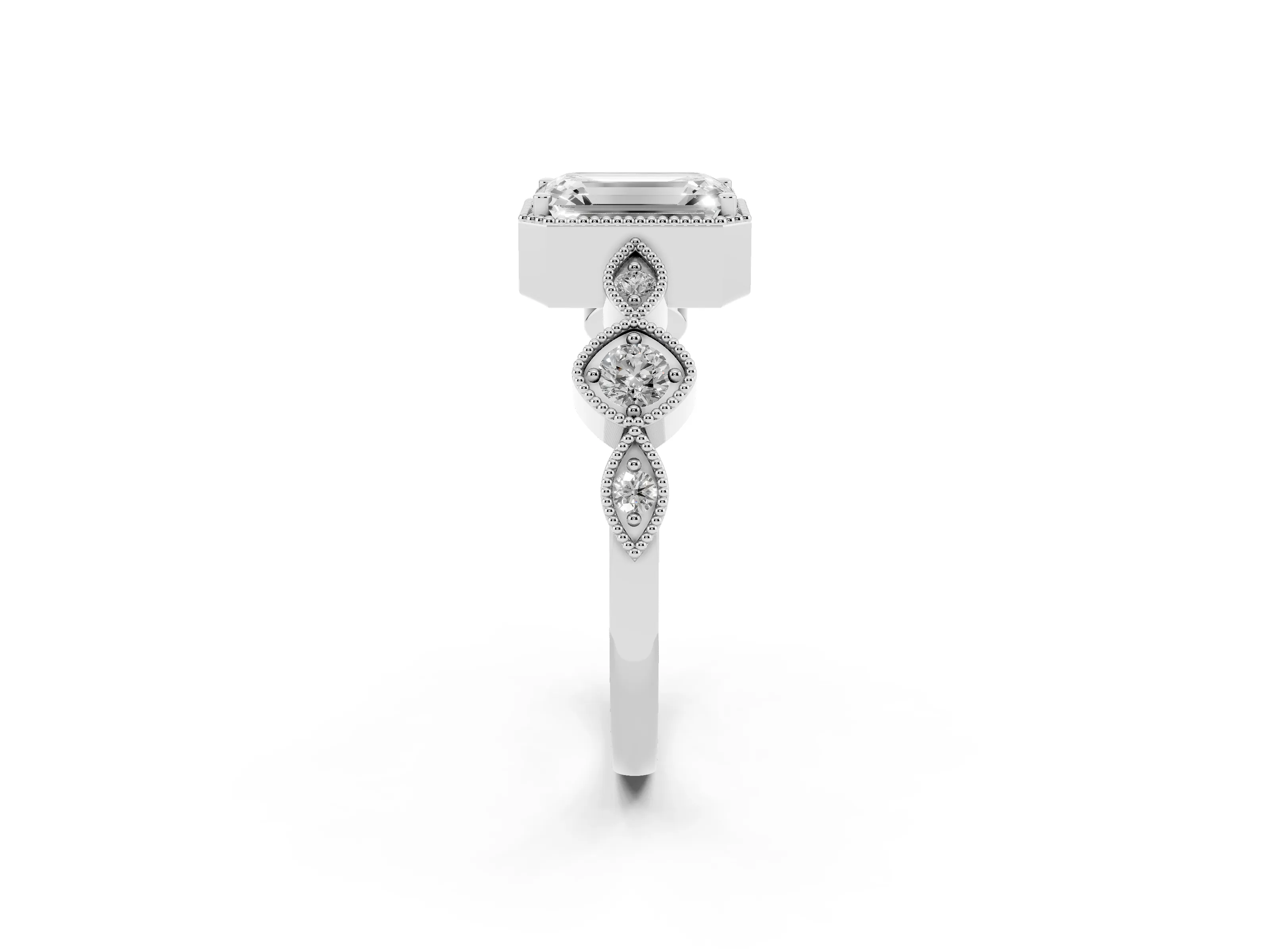 Emerald Cut Diamond Vintage-Inspired Milgrain Ring Set in Platinum with Marquise Stations of Round Accents