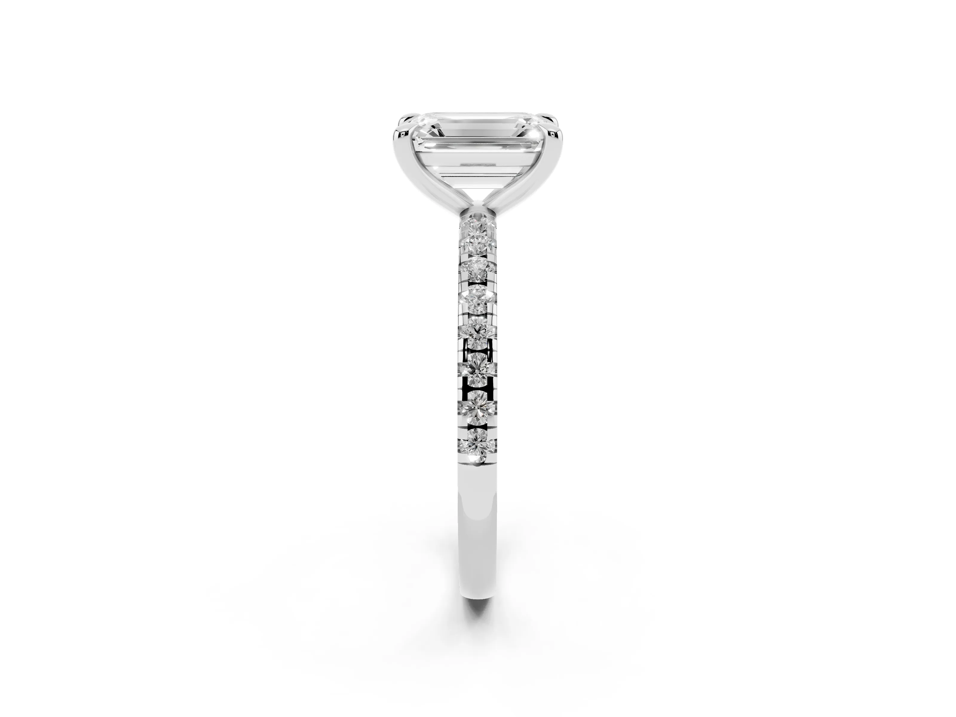 Emerald Cut Diamond Brilliant Solitaire Ring Set in White gold with Pavé Band and Prong Setting