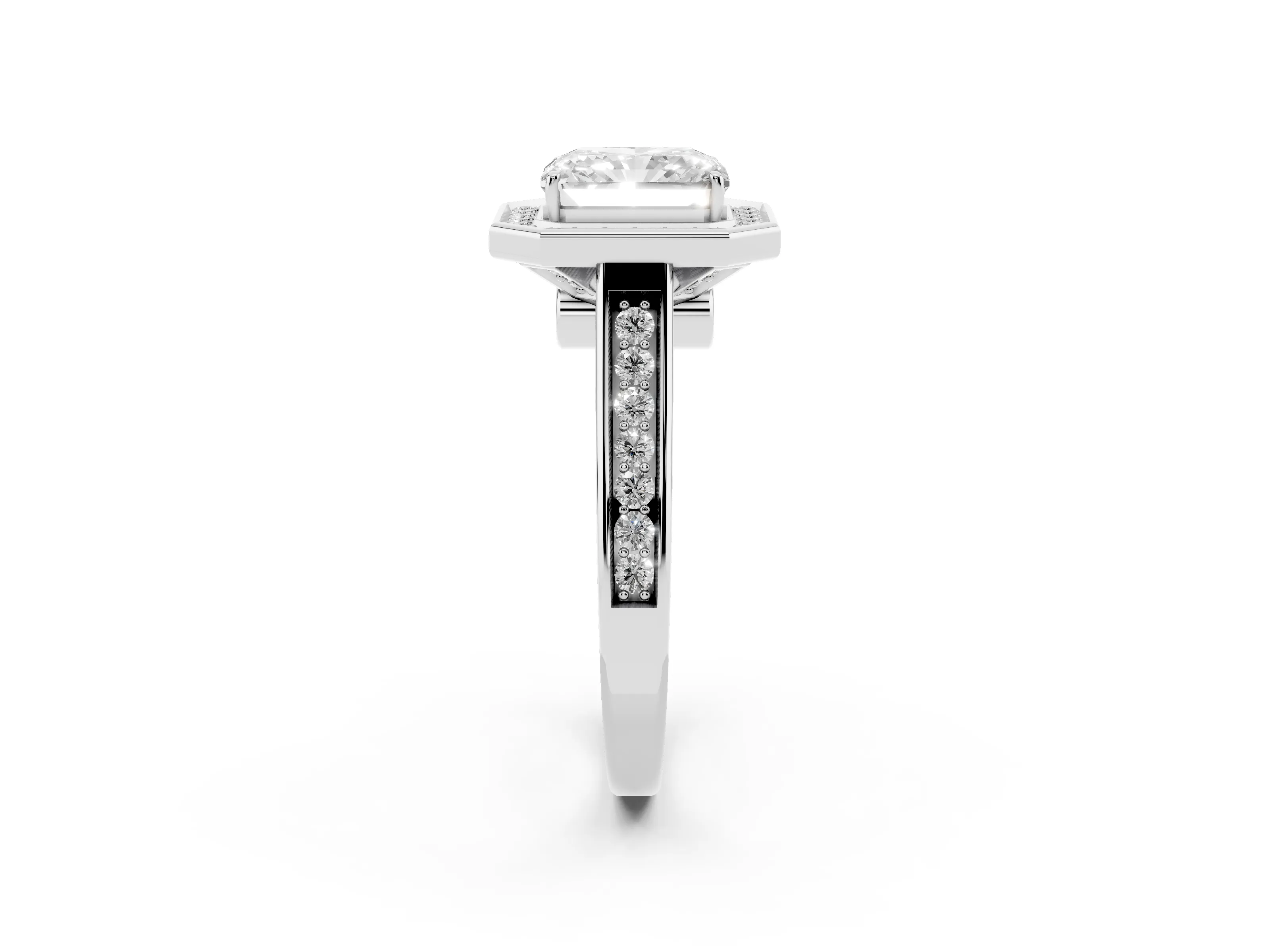 Emerald Cut Diamond Halo Solitaire Ring Set in Platinum with Pavé Band and Bezel Setting