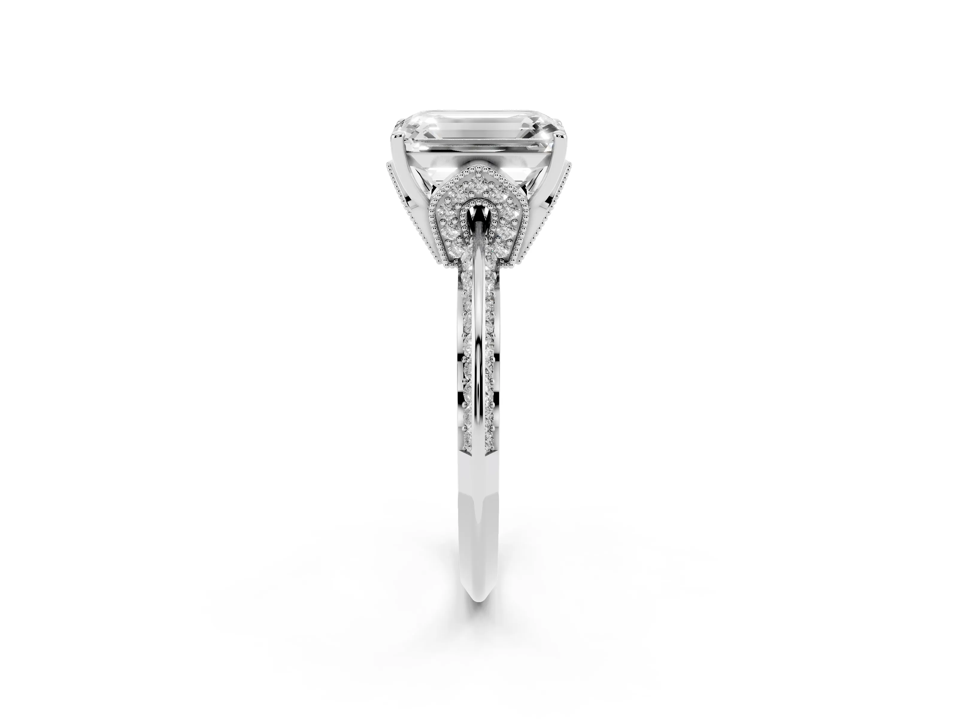 Emerald Cut Diamond Solitaire Engagement Ring Set in Silver with Pavé Split Shank and Prong Setting