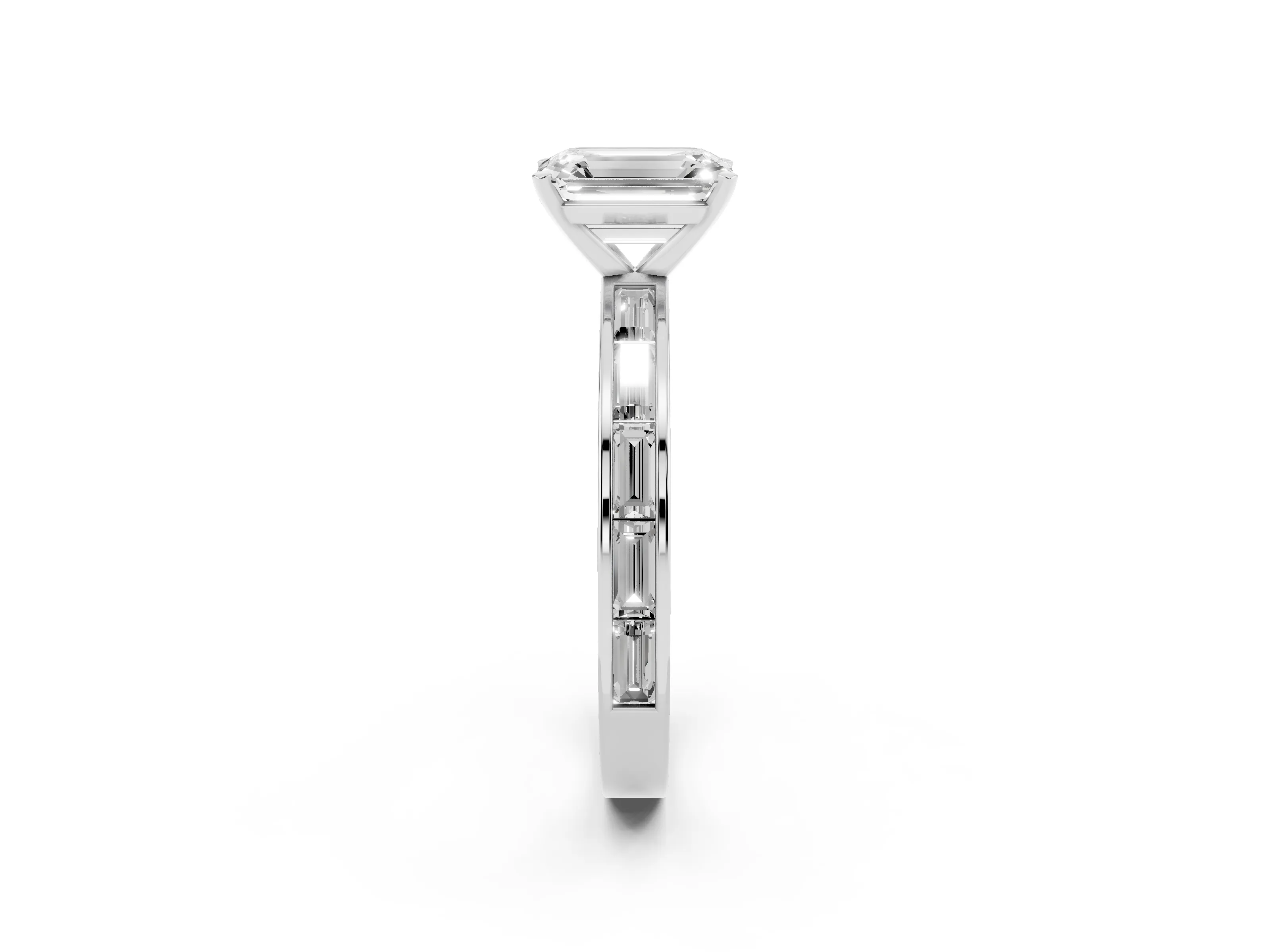 Emerald Cut Diamond Solitaire Ring Set in White gold with Channel-Set Baguette Band and Prong Setting