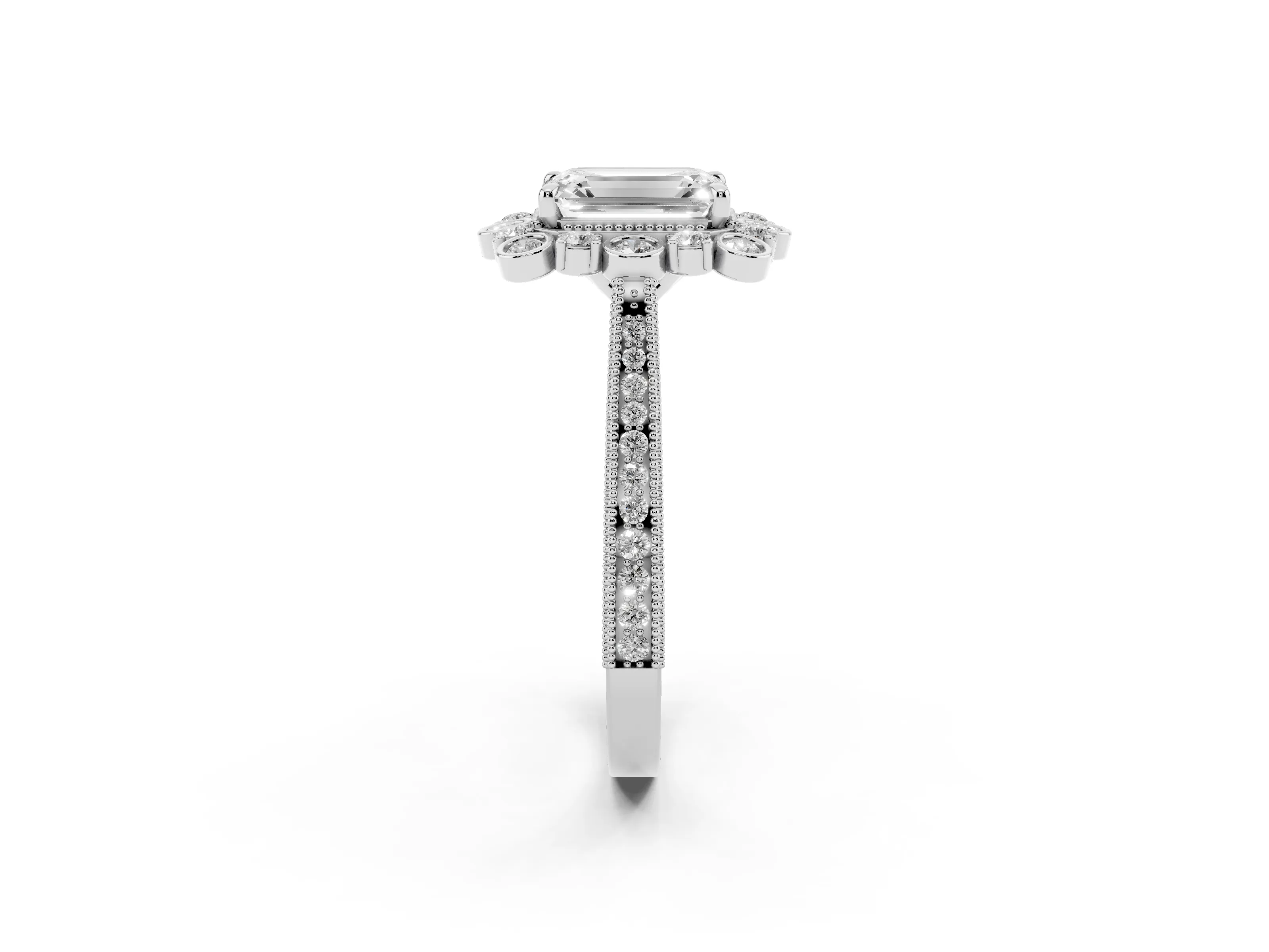 Emerald Cut Diamond Halo Milgrain Pavé Ring Set in White gold with Prong Setting
