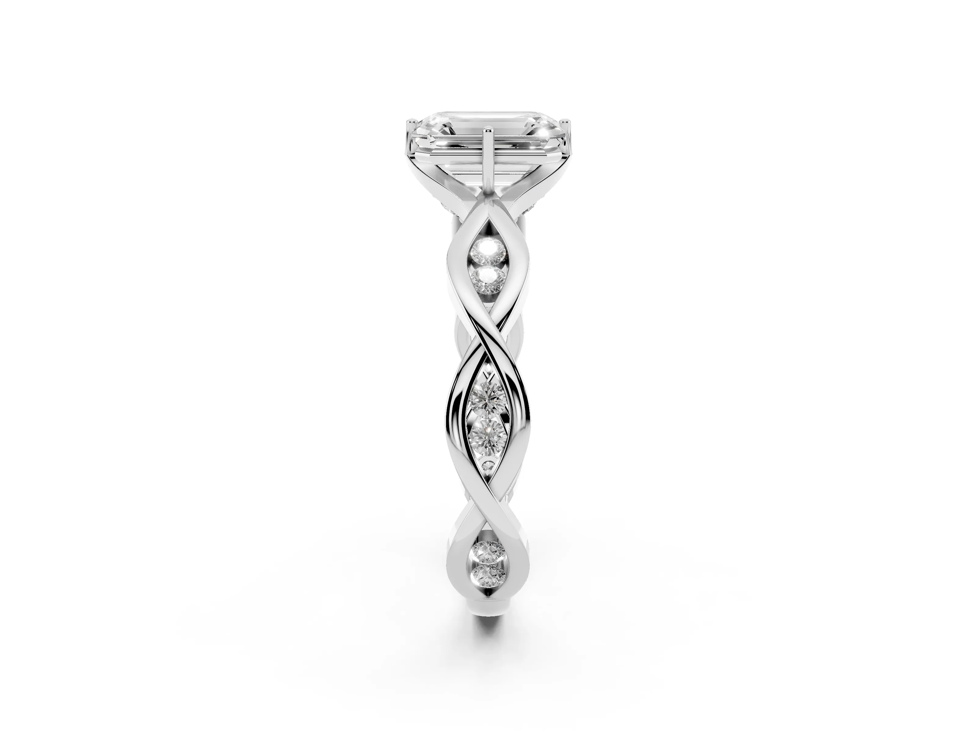 Emerald Cut Diamond Twist Band Solitaire Ring Set in Platinum with Leaf Prong Setting and Accent Stones