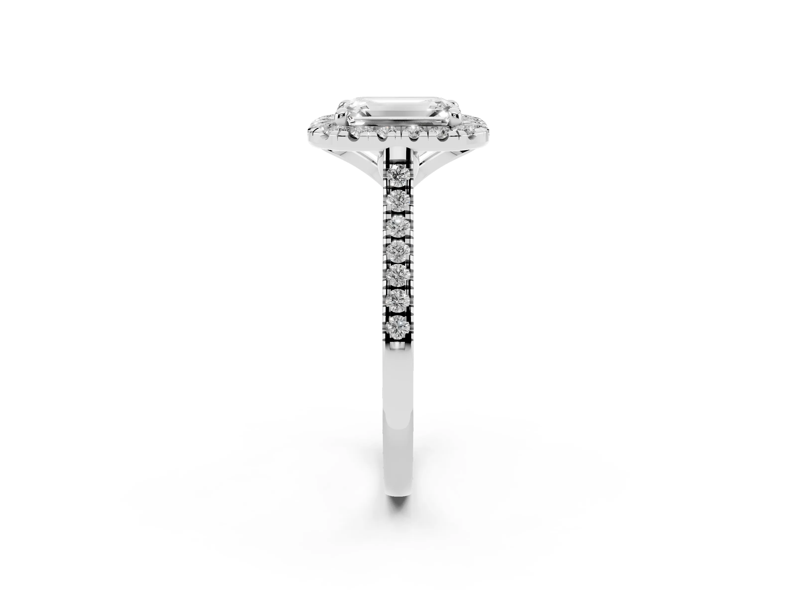 Emerald Cut Diamond Cushion Halo Ring Set in White gold with Pavé Band