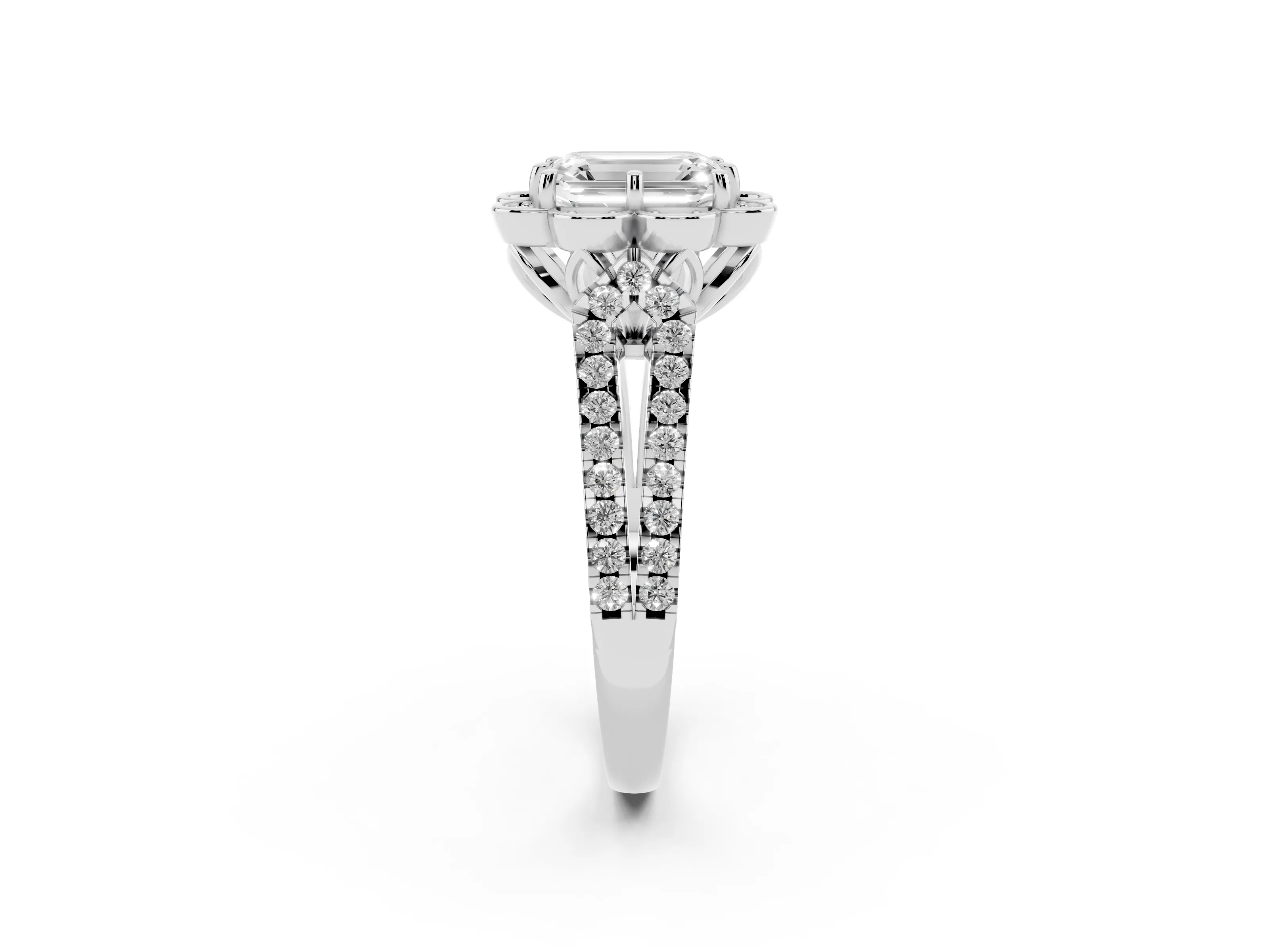 Emerald Cut Diamond Floral Halo Split Shank Engagement Ring Set in Silver with Pavé Shank