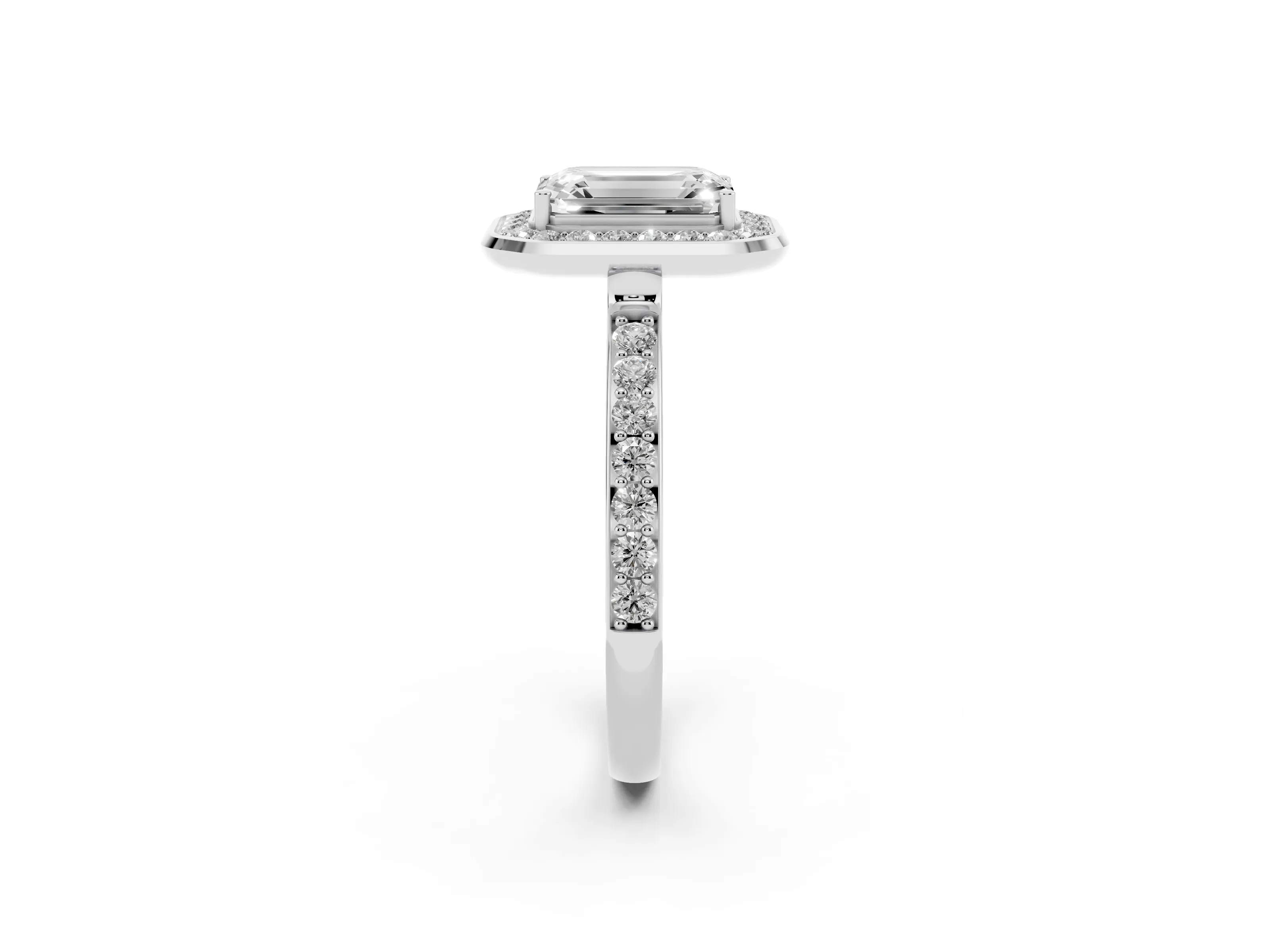Emerald Cut Diamond Halo Ring Set in Silver with Bezel Frame and Pavé Band