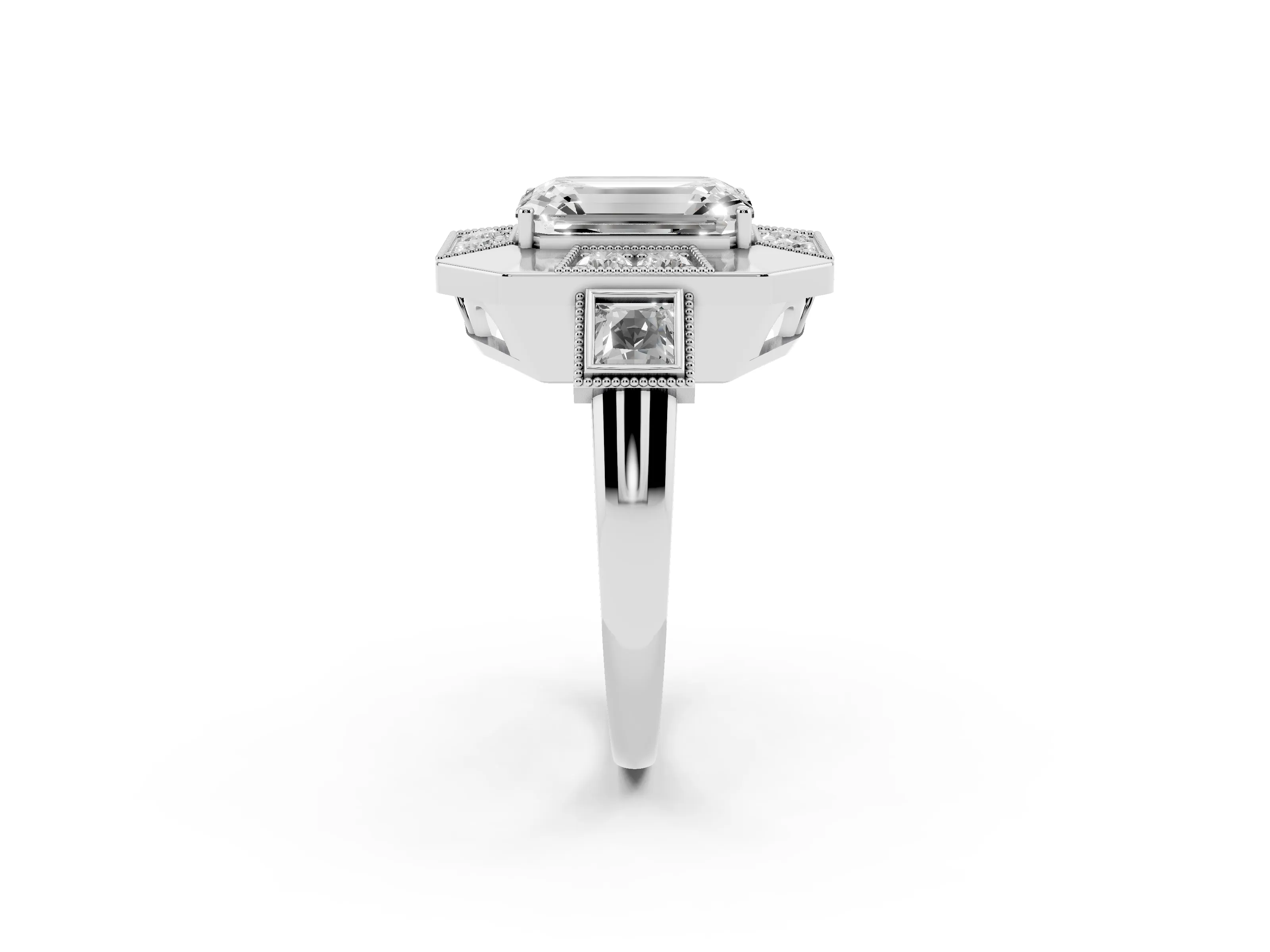 Emerald Cut Diamond Milgrain Halo Ring Set in Platinum with Split Shank