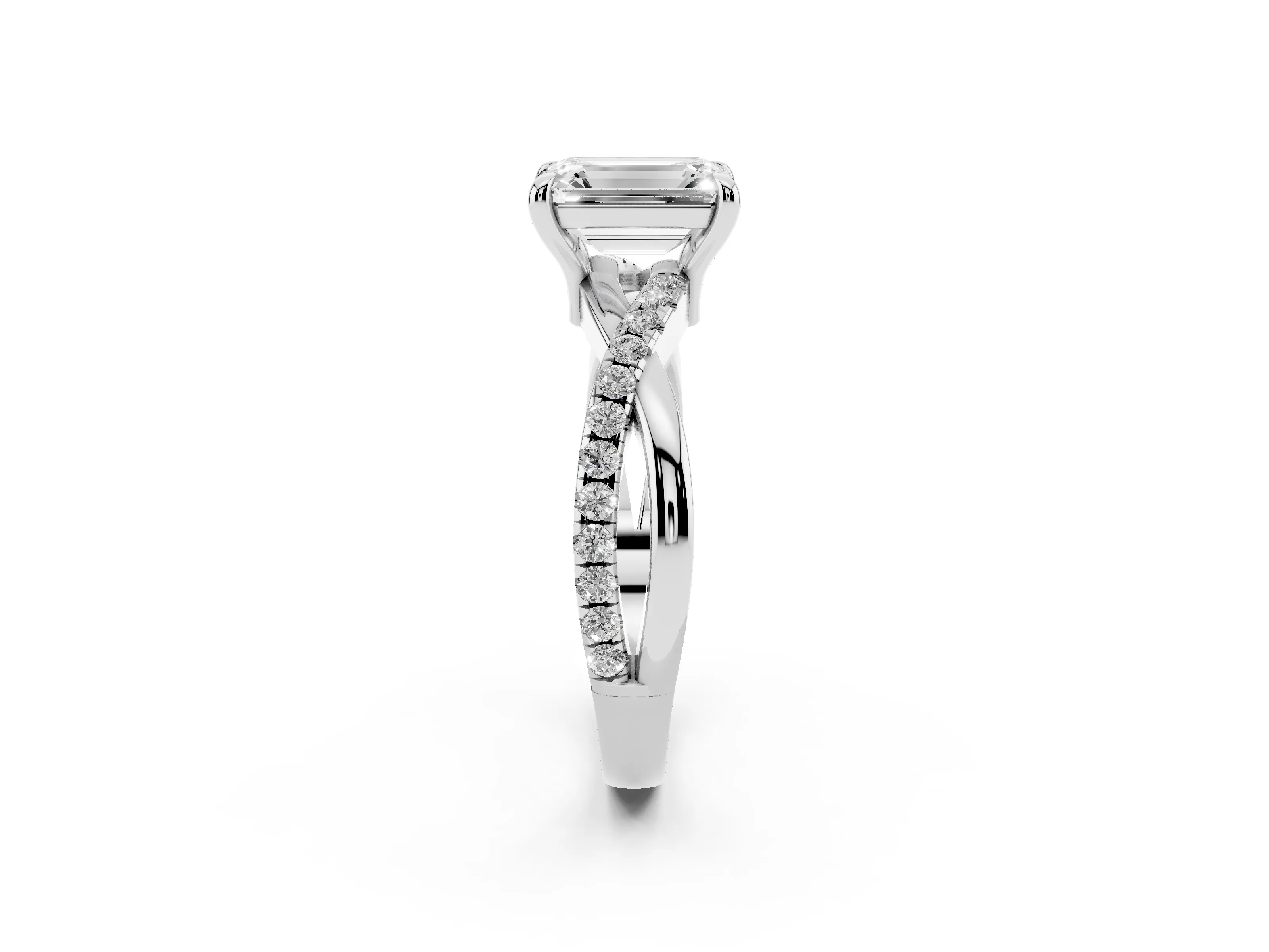 Emerald Cut Diamond Twist Band Solitaire Set in Platinum with Pavé Accents and Prong Setting