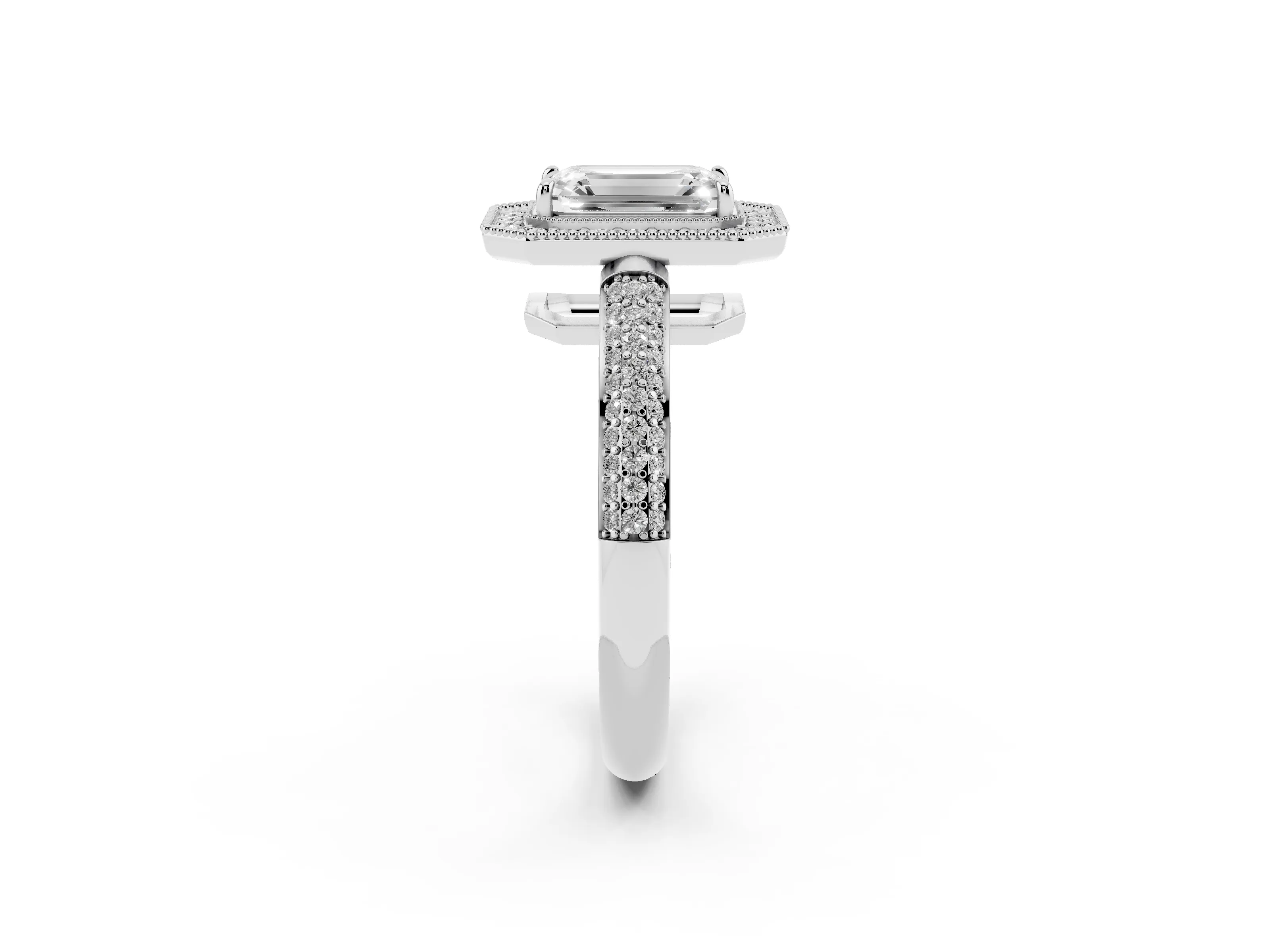 Emerald Cut Diamond Halo Pavé Band Set in Silver with Prong Setting