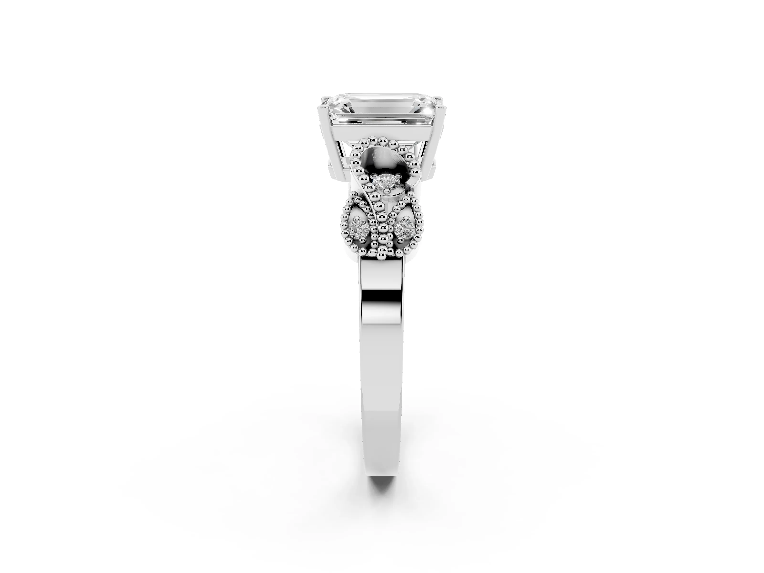 Emerald Cut Diamond Milgrain Leaf Band Solitaire Ring Set in White gold with Accent Stones and Prong Setting