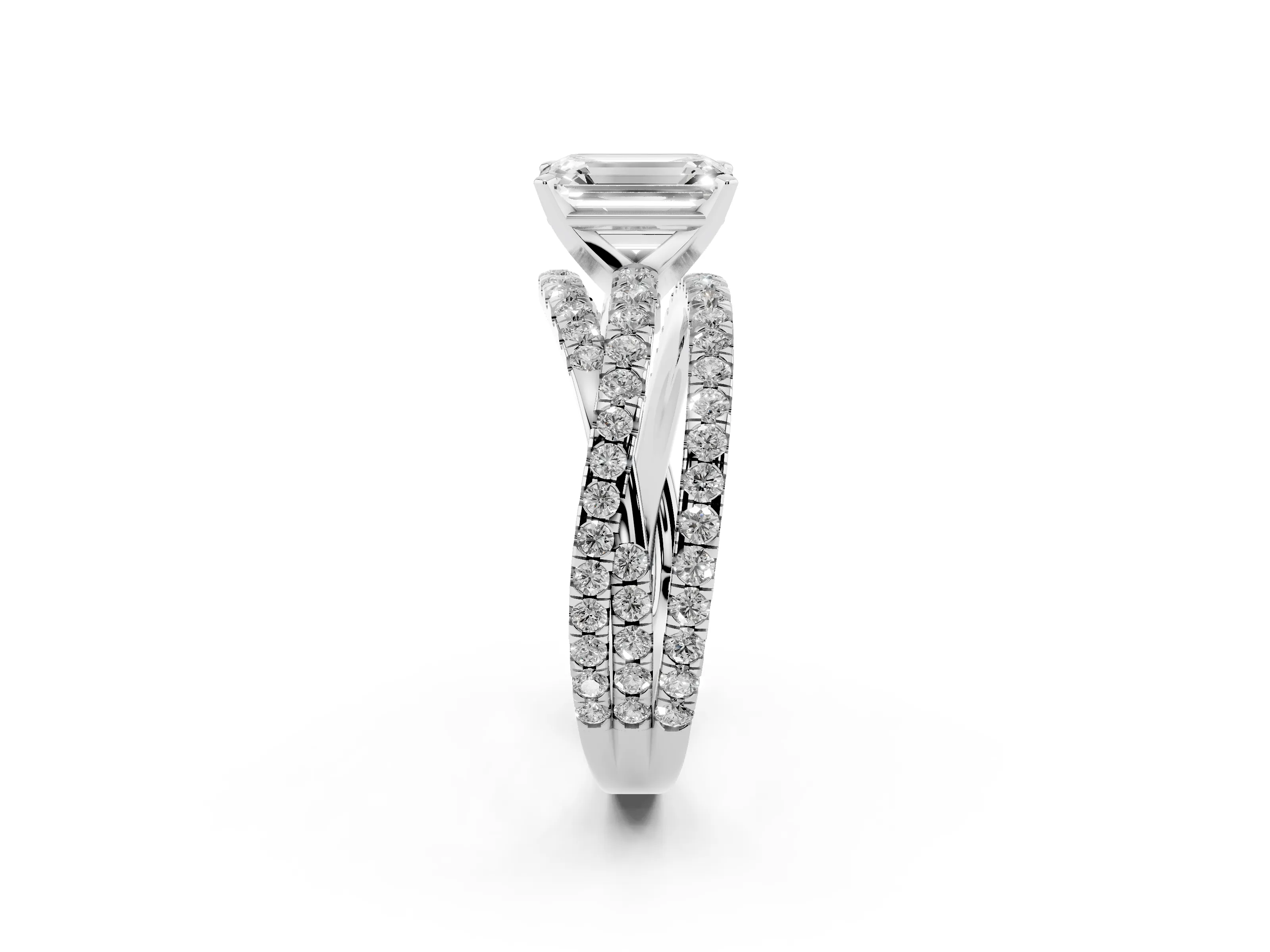 Emerald Cut Diamond Solitaire Twist Band Ring Set in White gold with Pavé Setting and Prong Head