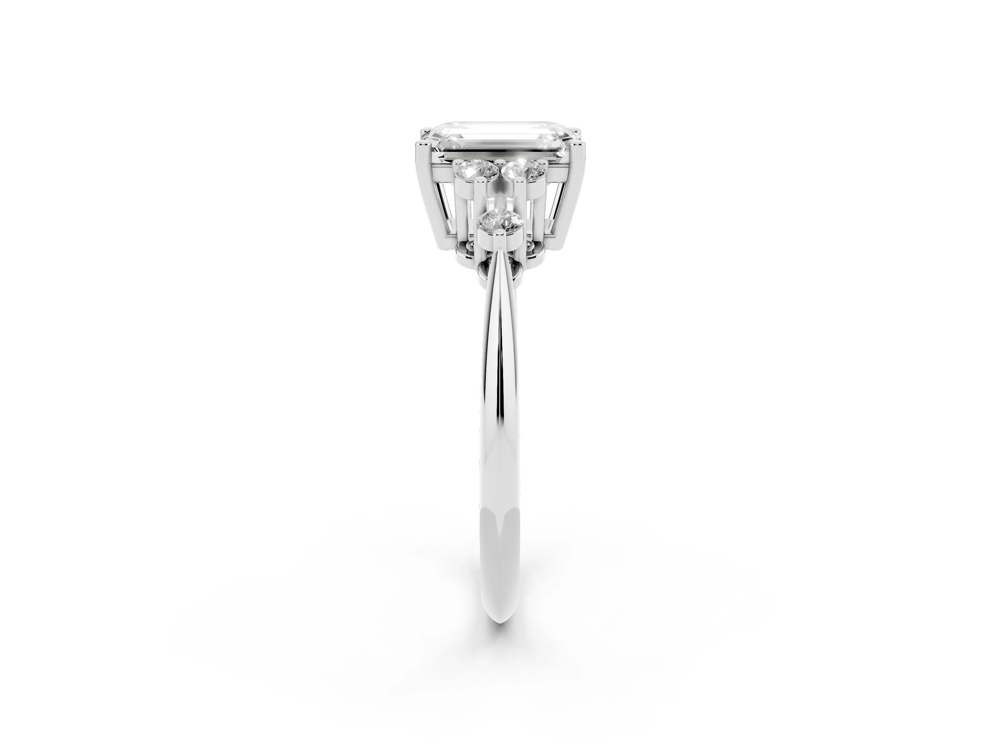 Emerald Cut Diamond Cluster Ring Set in White gold with Plain Band and Prong Setting