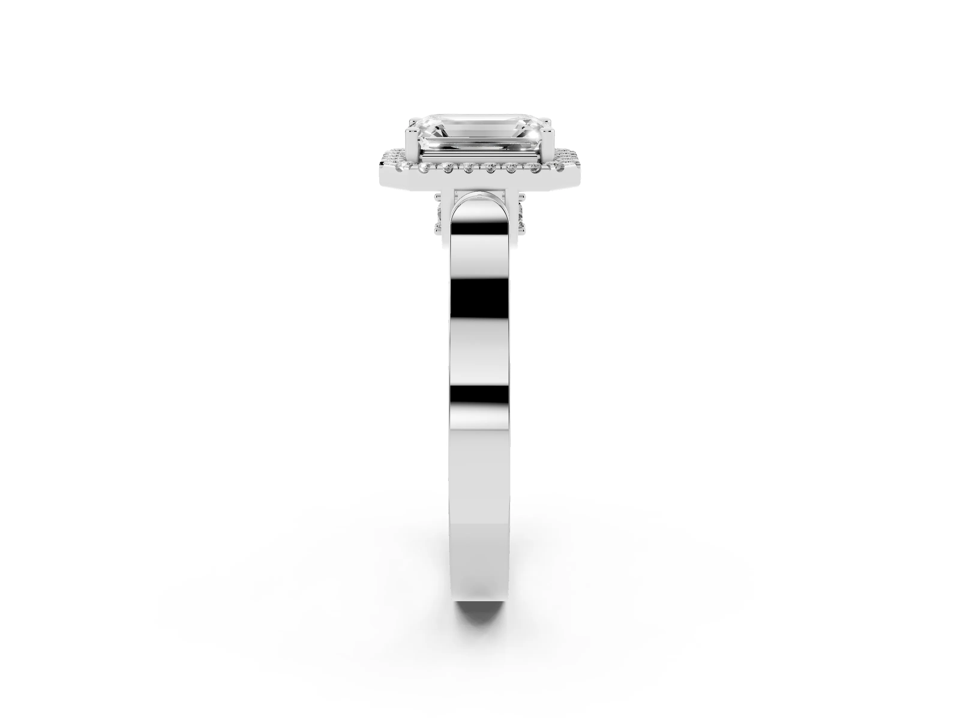 Emerald Cut Diamond Halo Ring Set in Platinum with Pavé-Lined Split Shank Band