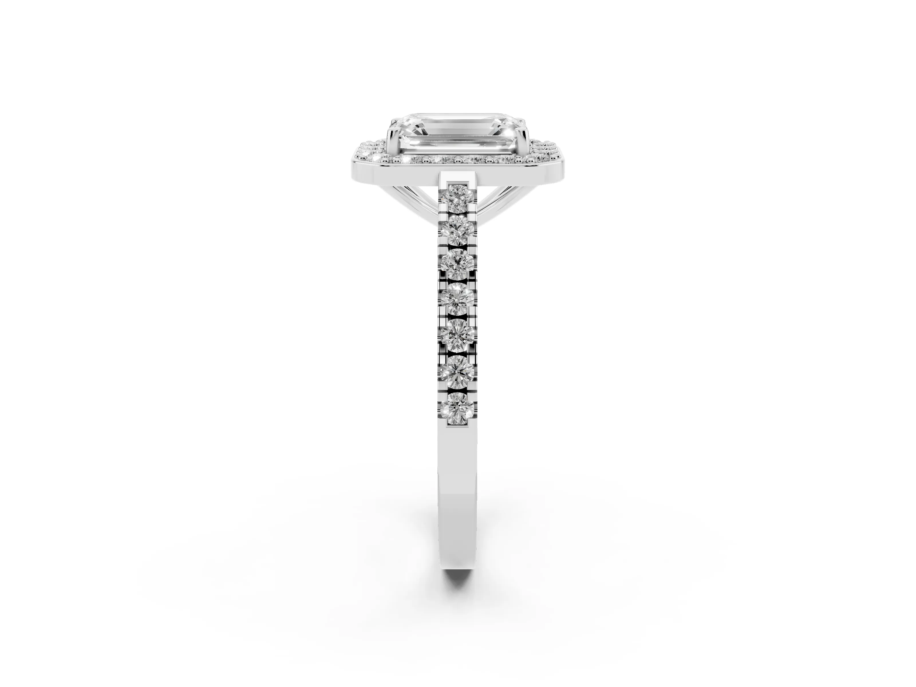 Emerald Cut Diamond Halo Ring Set in Platinum with Round Pavé Split Shank and Prong Setting