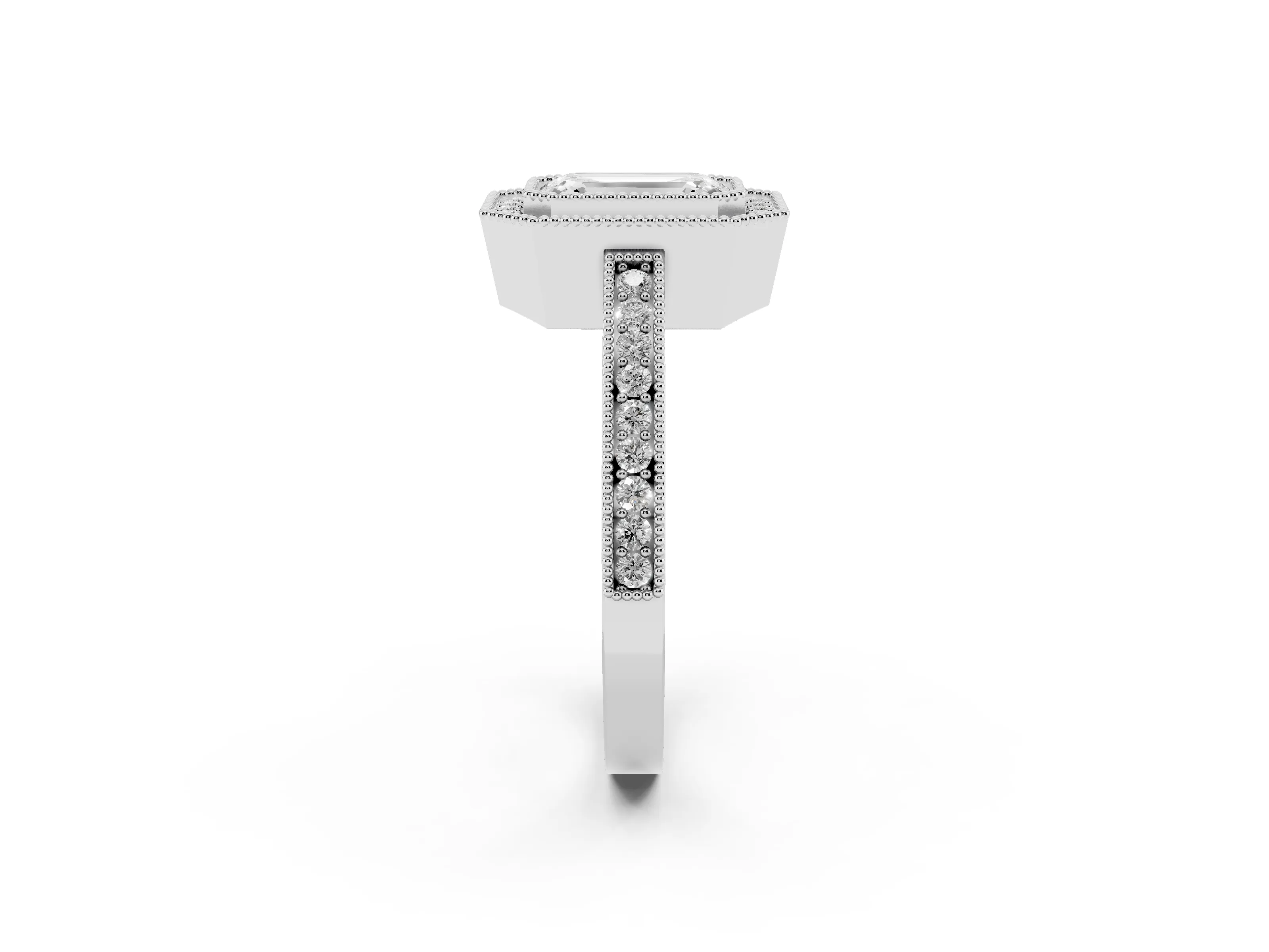 Emerald Cut Diamond Round Halo Ring Set in Platinum with Pavé Band