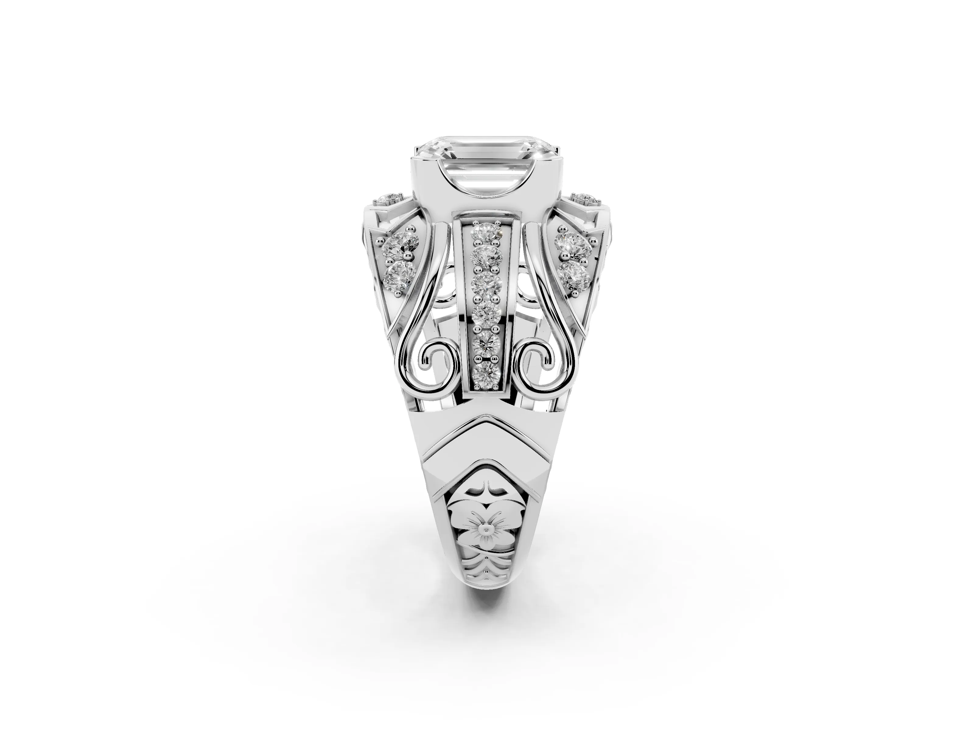 Emerald Cut Diamond Art Deco Ring Set in Platinum with Pavé Split Shank