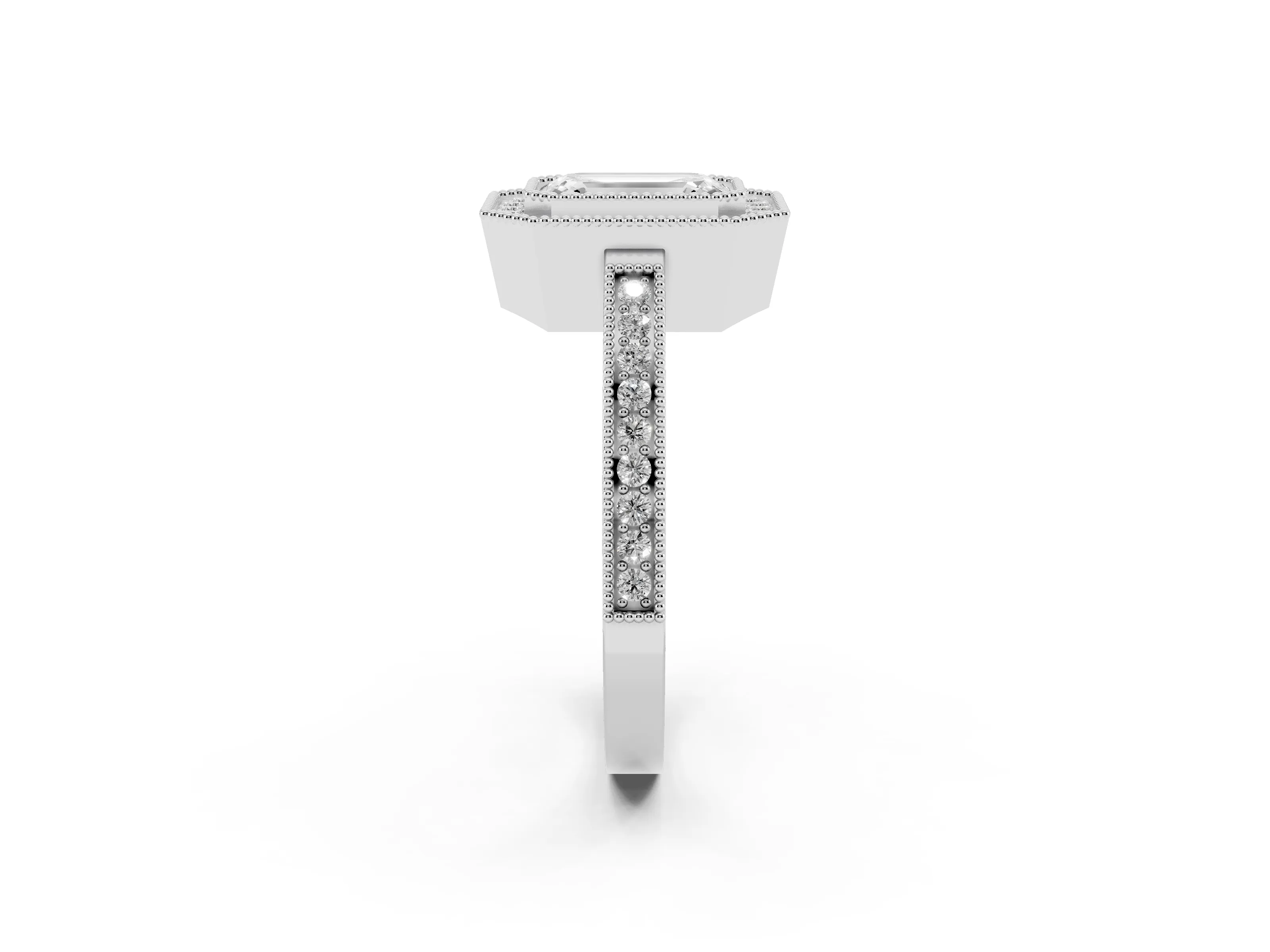 Emerald Cut Diamond Halo Ring Set in White gold with Pavé Band and Milgrain-Edged Prongs