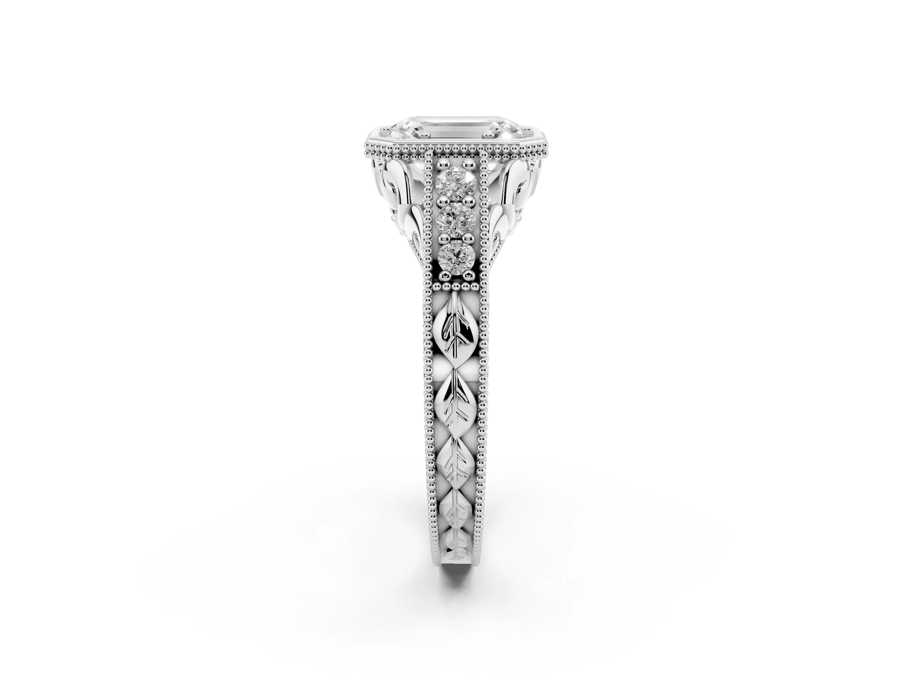 Bezel Set Emerald Cut Diamond Milgrain Pavé Engagement Ring Set in Silver