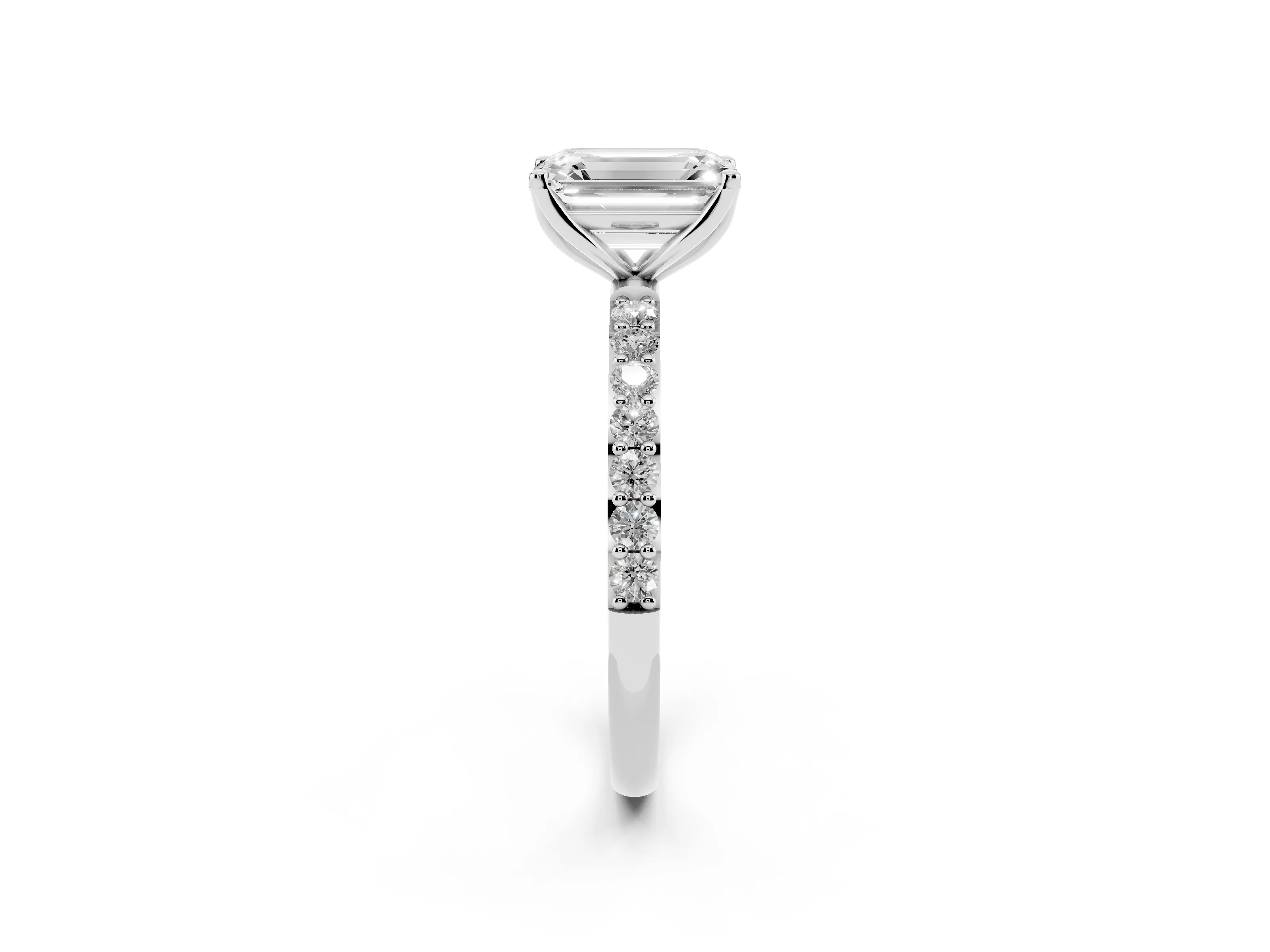 Emerald Cut Diamond Solitaire Engagement Ring Set in Platinum with Round Pavé Band and Prong Setting