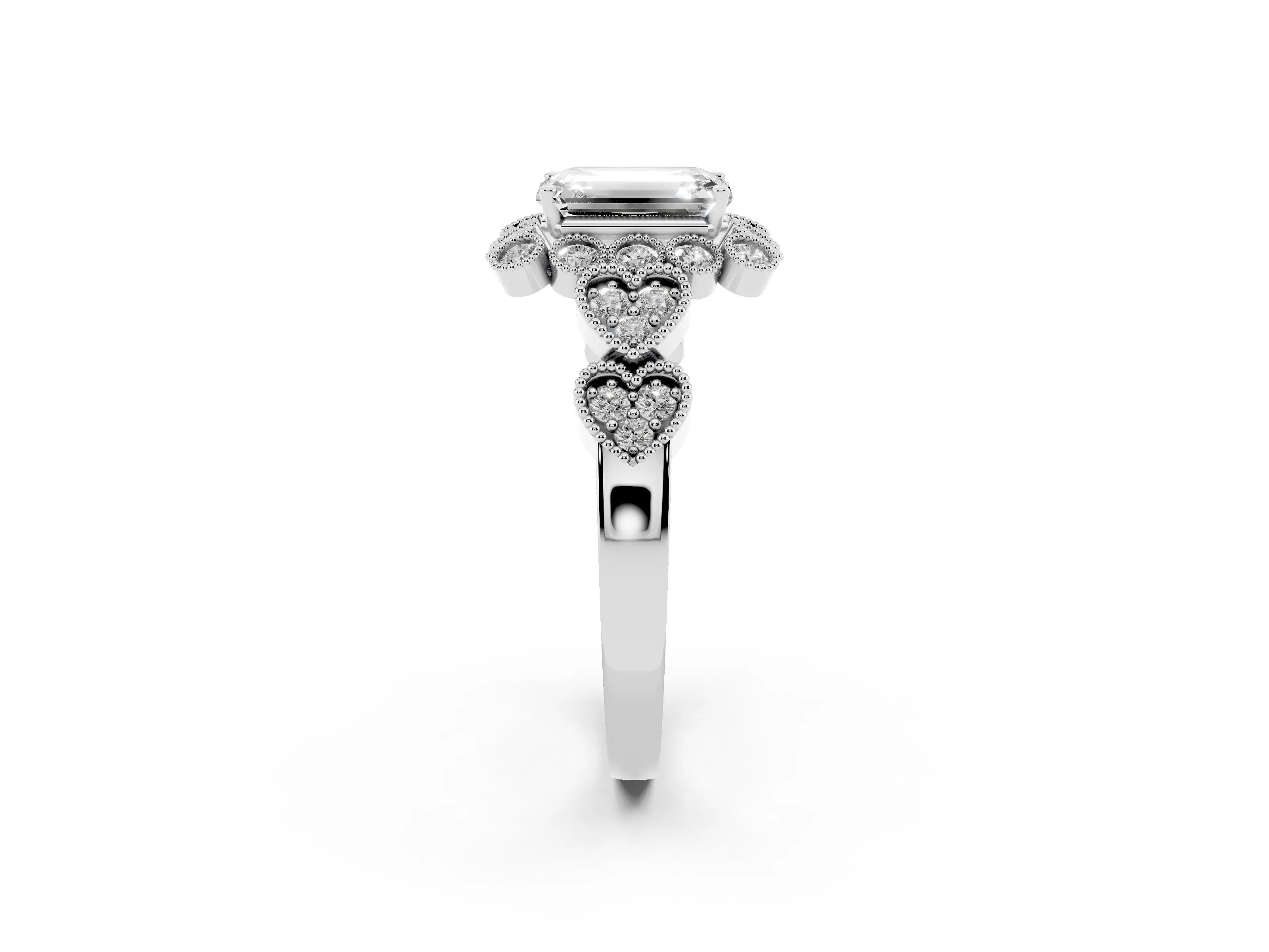 Emerald Cut Diamond Solitaire Ring Set in Silver with Milgrain Pavé Heart Band