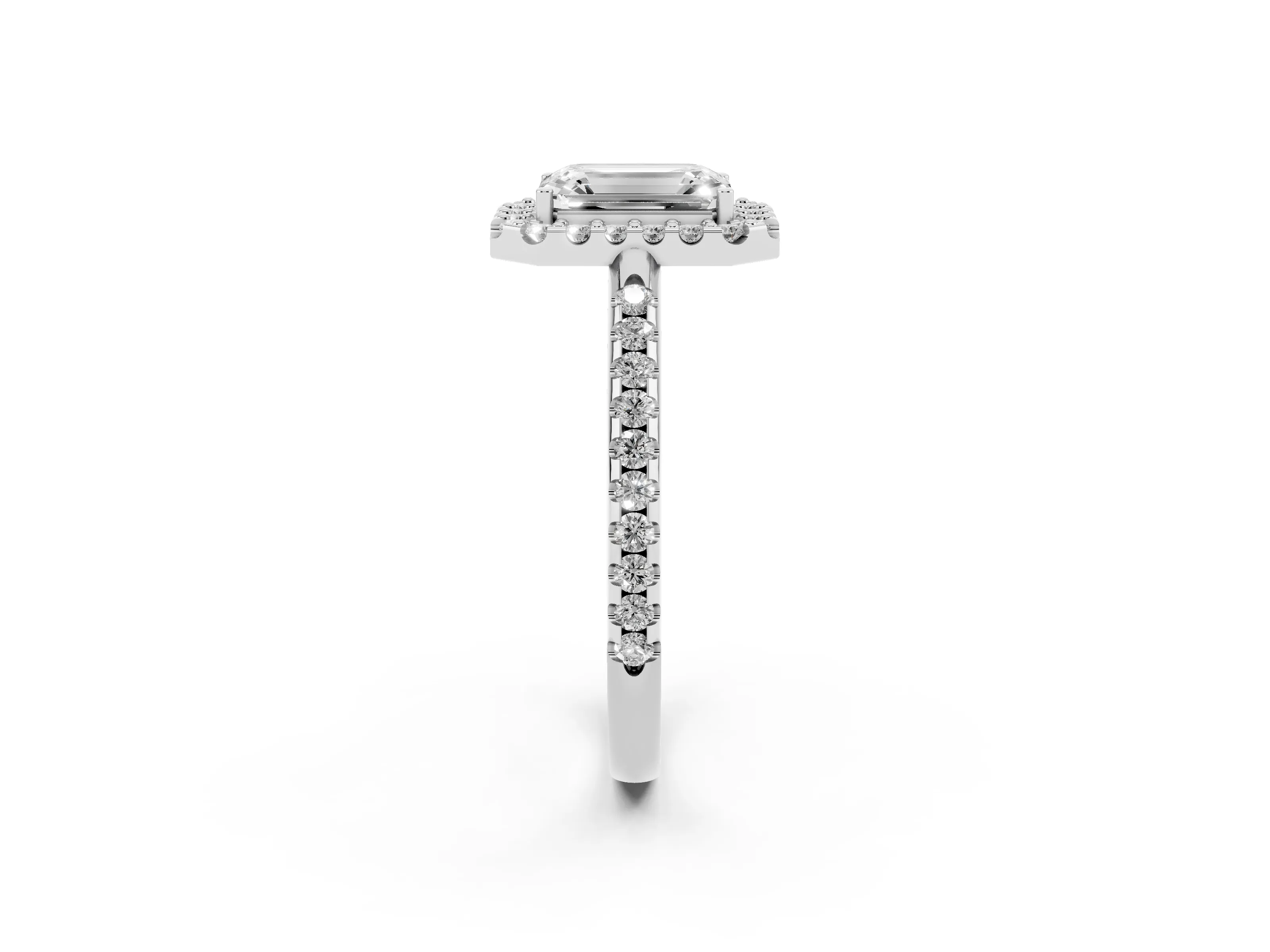 Emerald Cut Diamond Pavé Halo Ring Set in Silver with Prong Setting