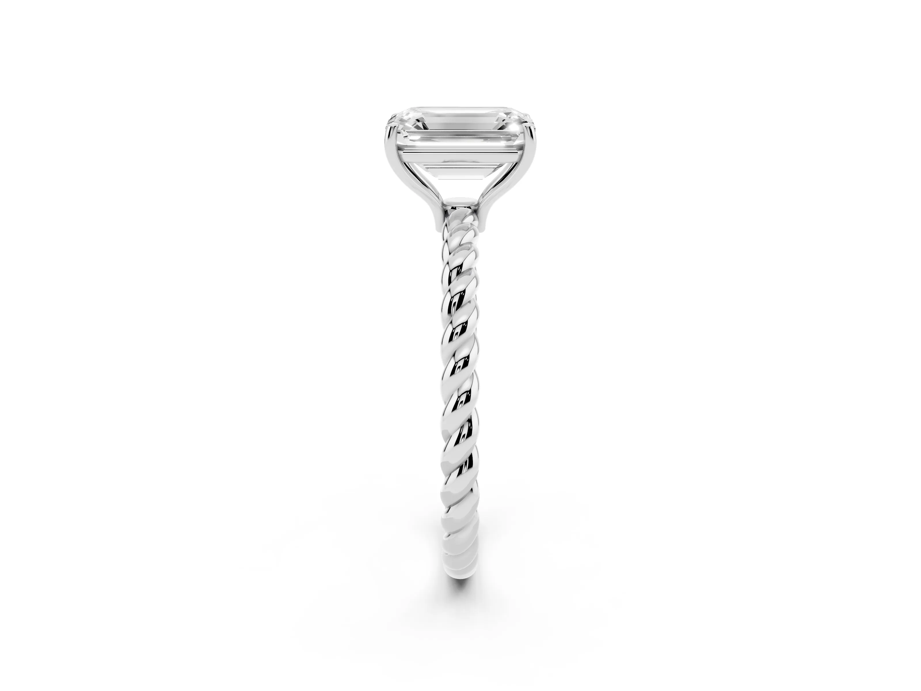 Emerald Cut Diamond Solitaire Ring Set in White gold with Twist Band and Prong Setting