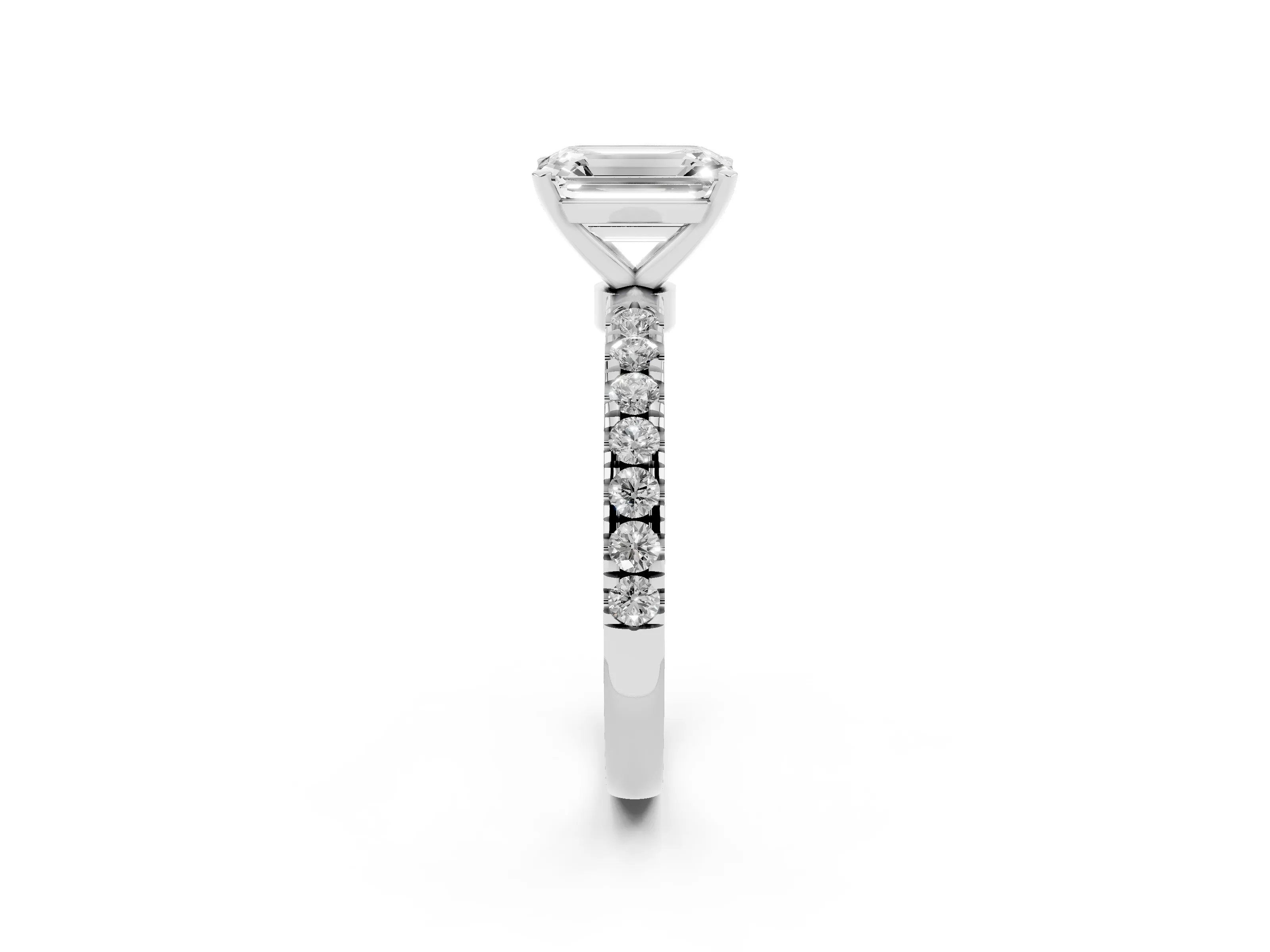 Emerald Cut Diamond Solitaire Ring Set in Silver with Pavé Accents and Prong Setting