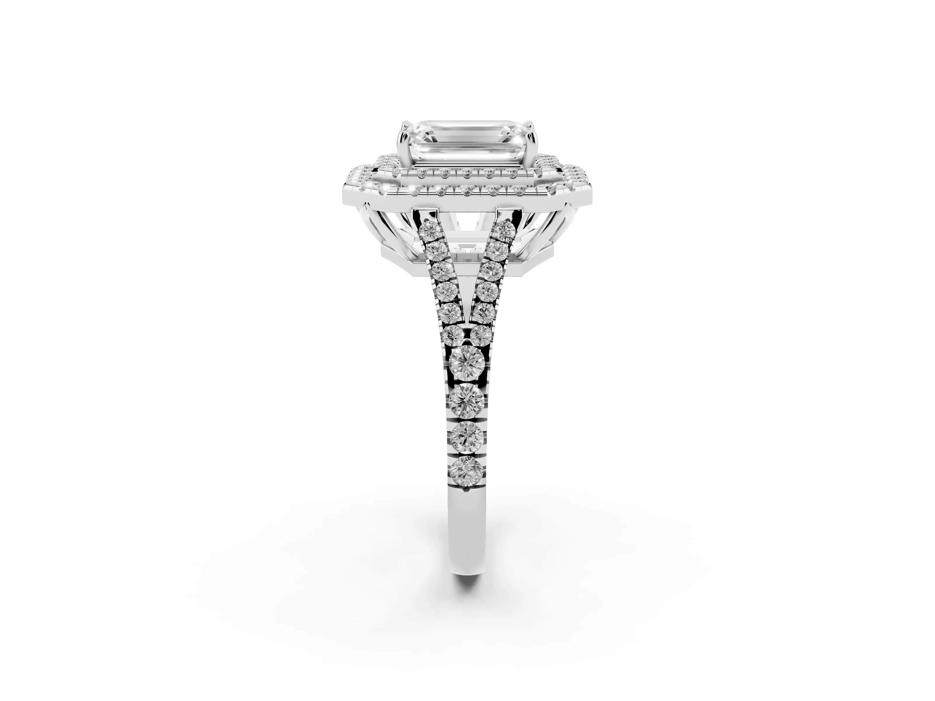 Emerald Cut Diamond Double Halo Ring Set in Silver with Pavé Band