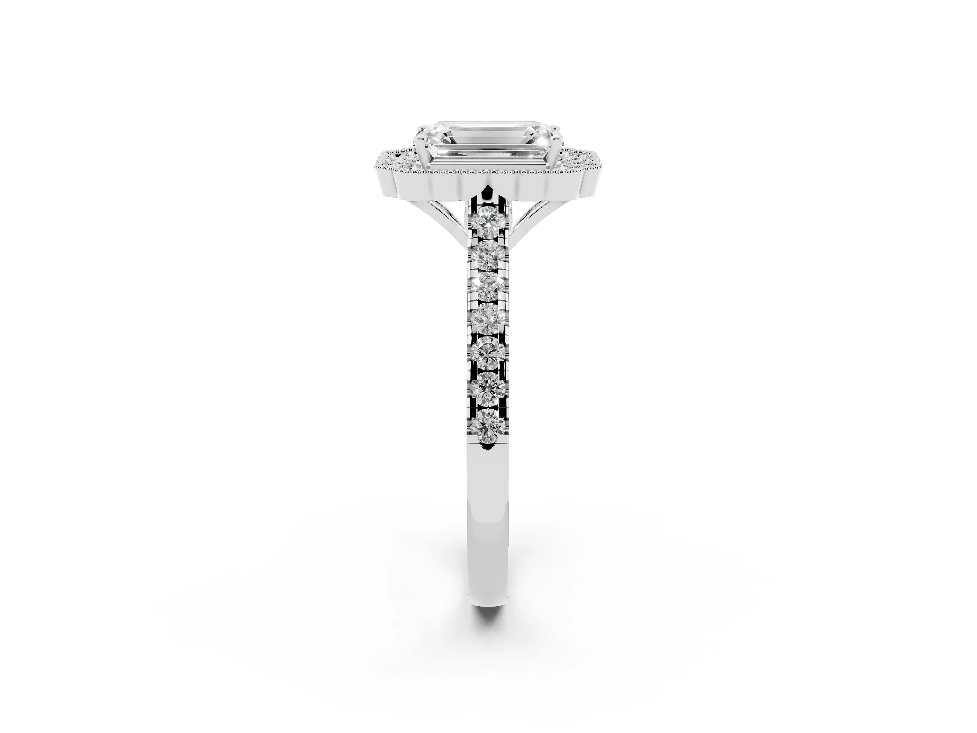 Emerald Cut Diamond Milgrain Floral Halo Engagement Ring Set in Platinum with Pavé Band