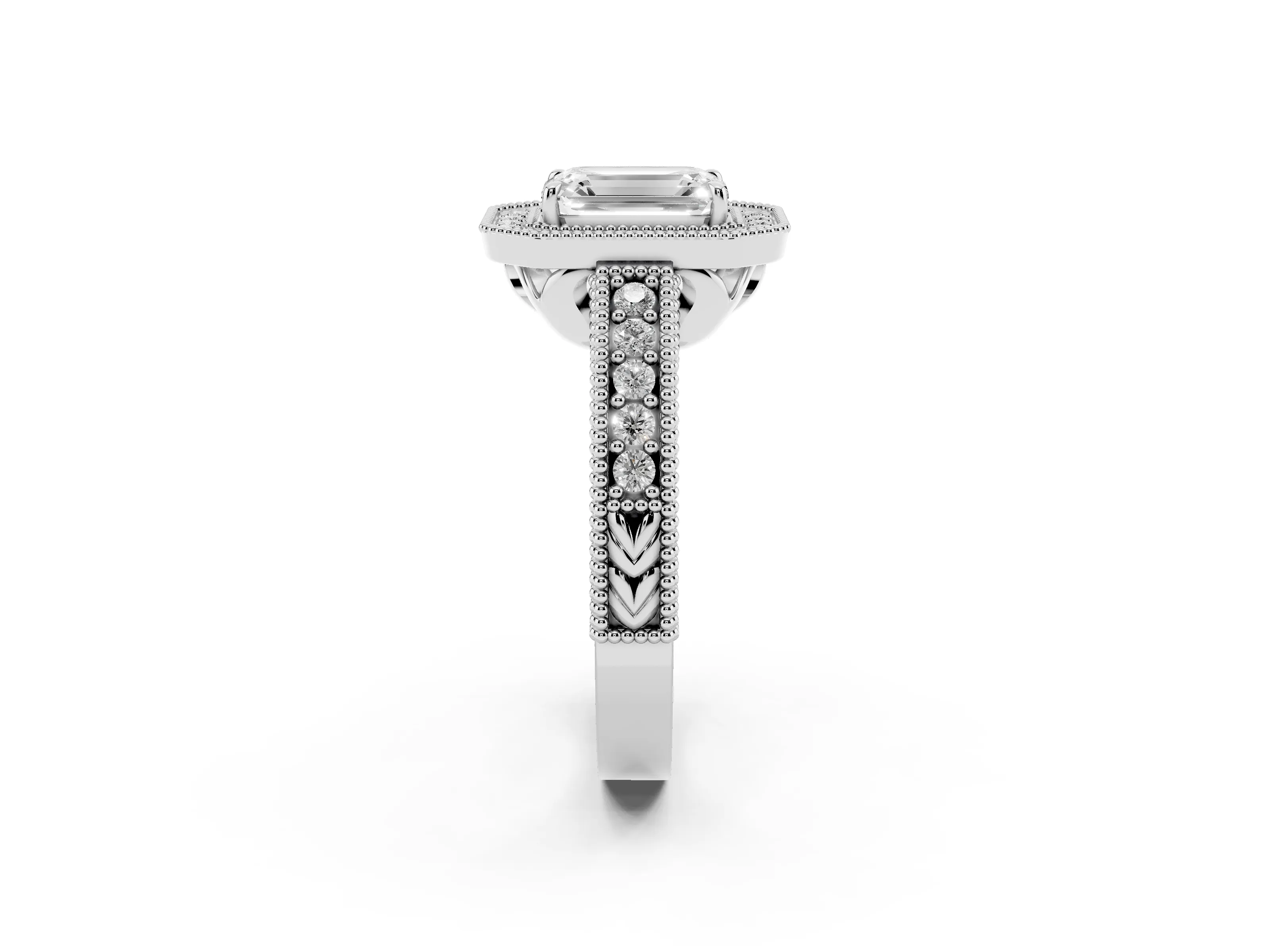 Emerald Cut Diamond Halo Ring Set in Silver with Round Accent Halo, Pavé Band and Prong Setting