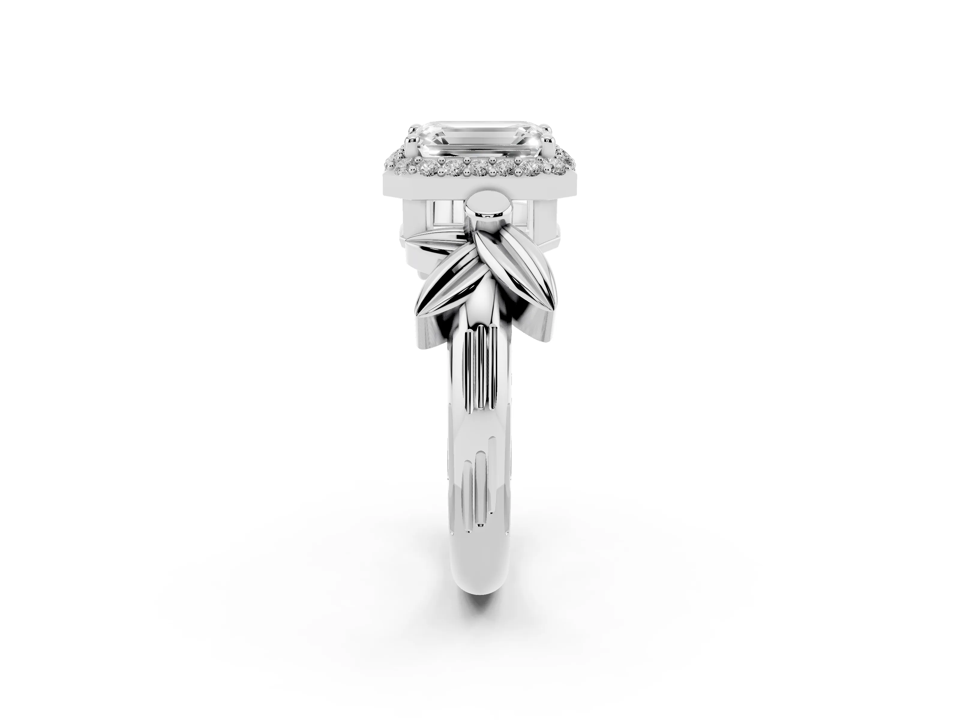 Emerald Cut Diamond Halo Floral Band Ring Set in White gold with Prong Setting