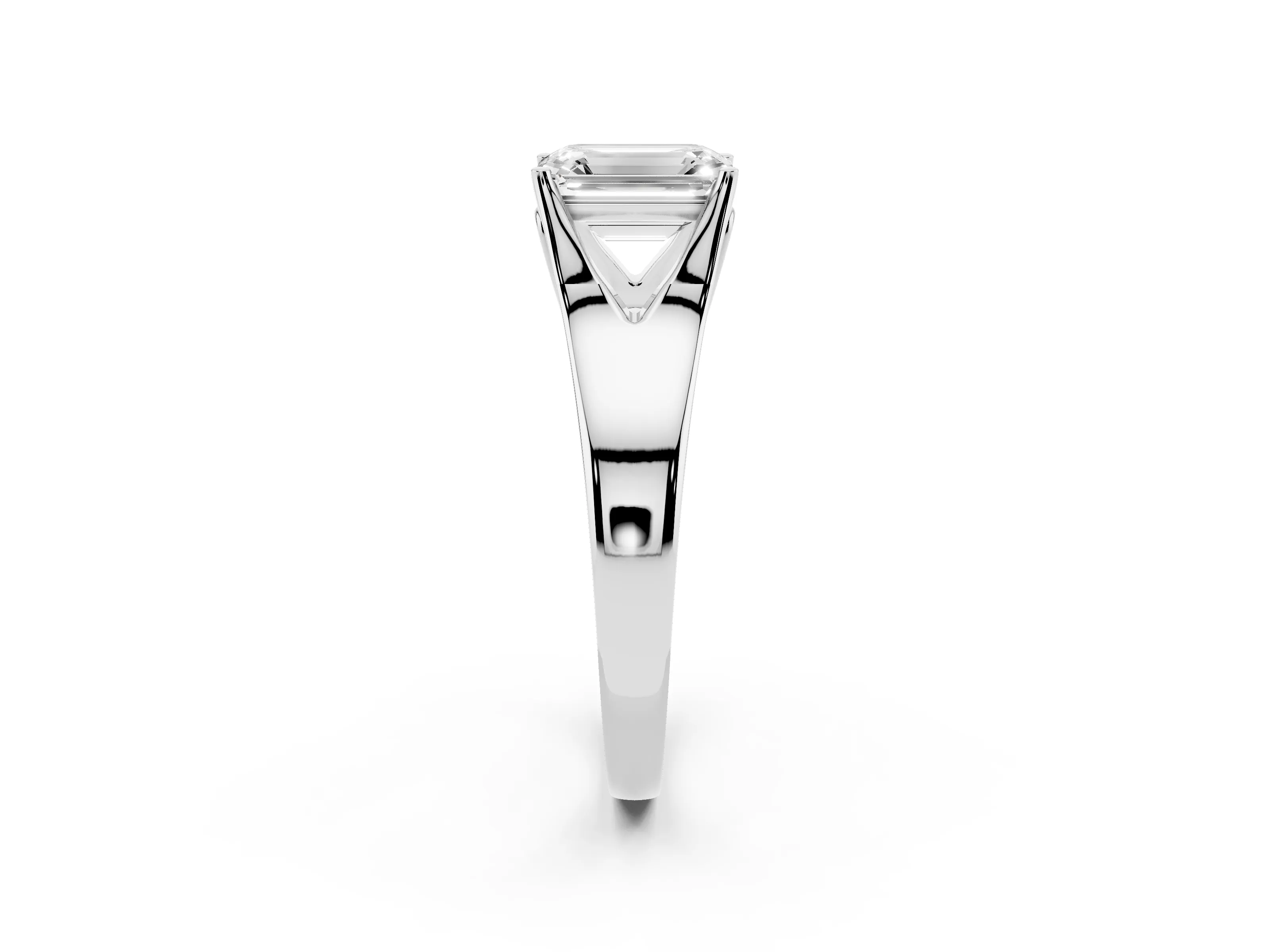 Emerald Cut Diamond Solitaire Ring Set in White gold with Arched Cathedral Band and Prong Setting