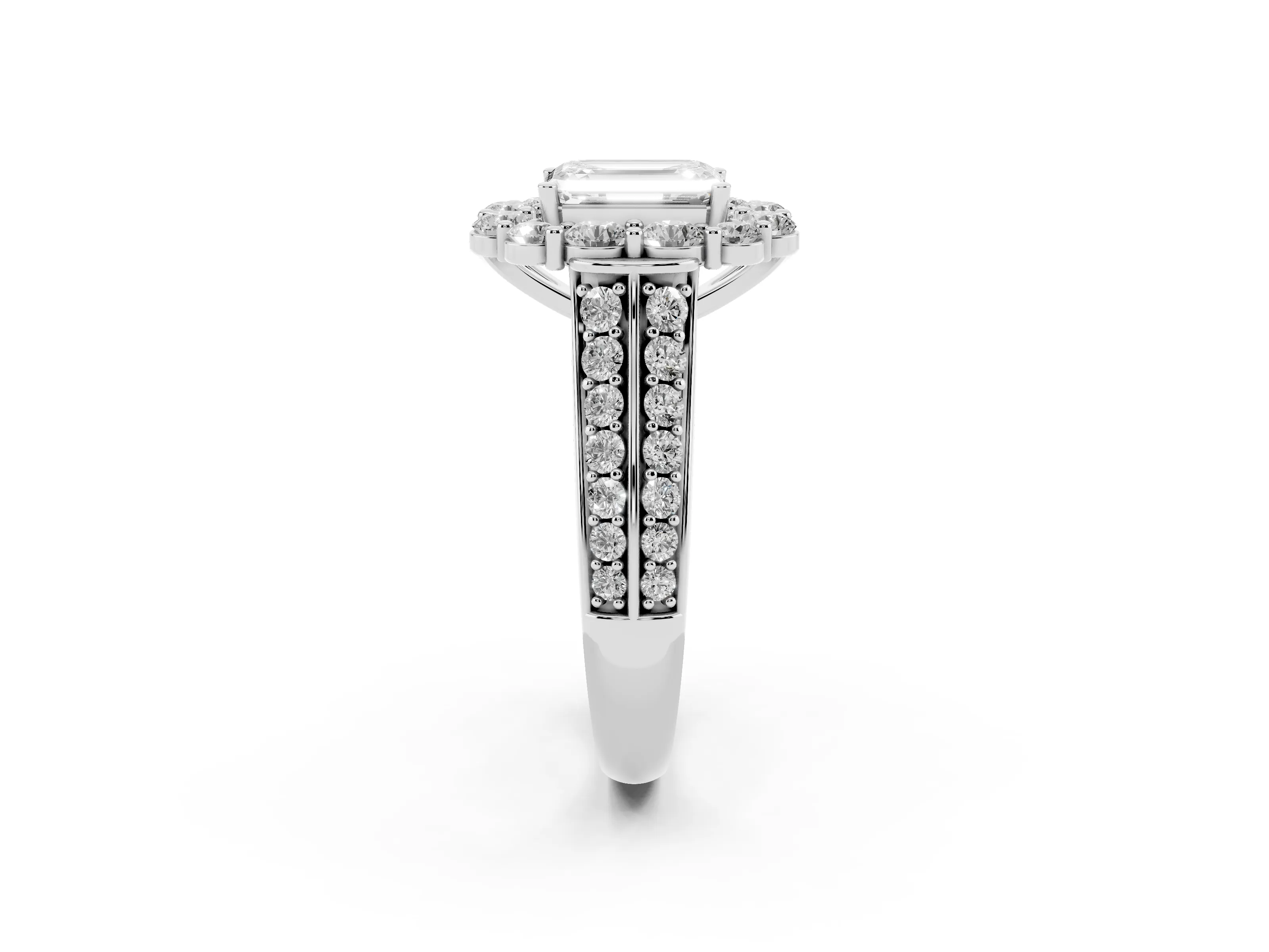 Emerald Cut Diamond Halo Engagement Ring Set in Platinum with Split Shank and Prong Setting