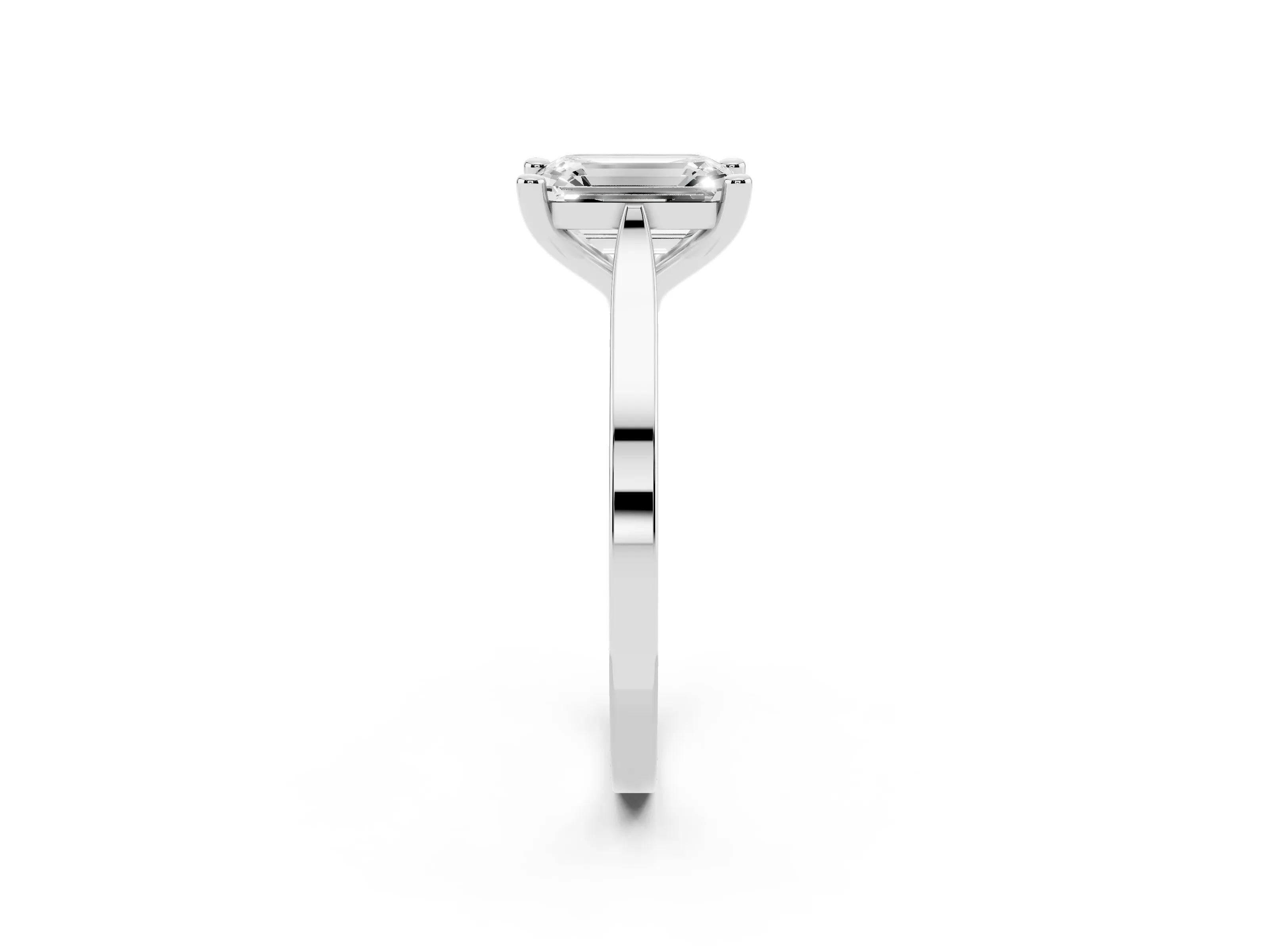 Emerald Cut Diamond Solitaire Ring Set in Platinum with Prong Setting and Tapered Band
