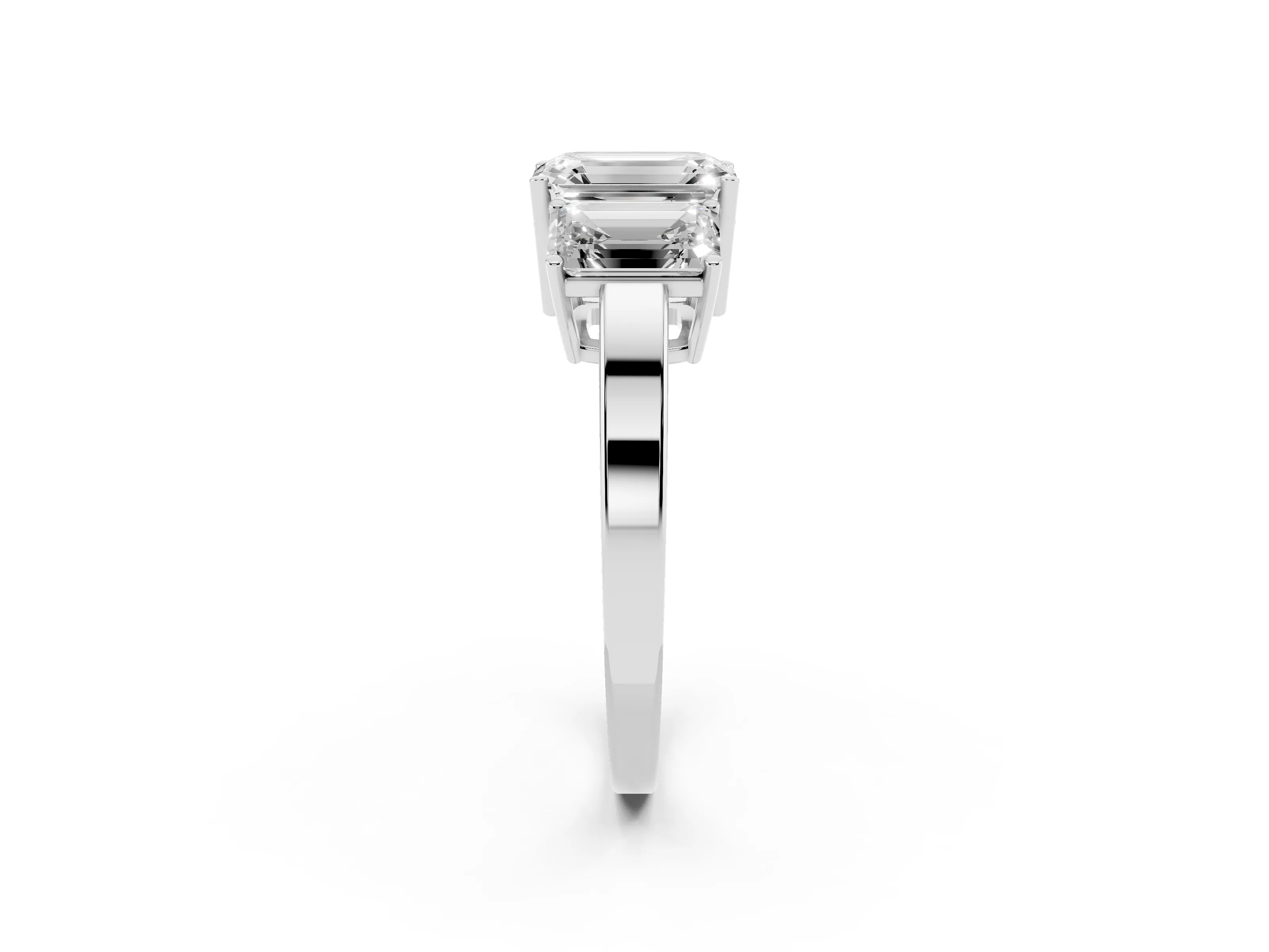 Emerald Cut Diamond Three-Stone Engagement Ring Set in Silver with Flat Band