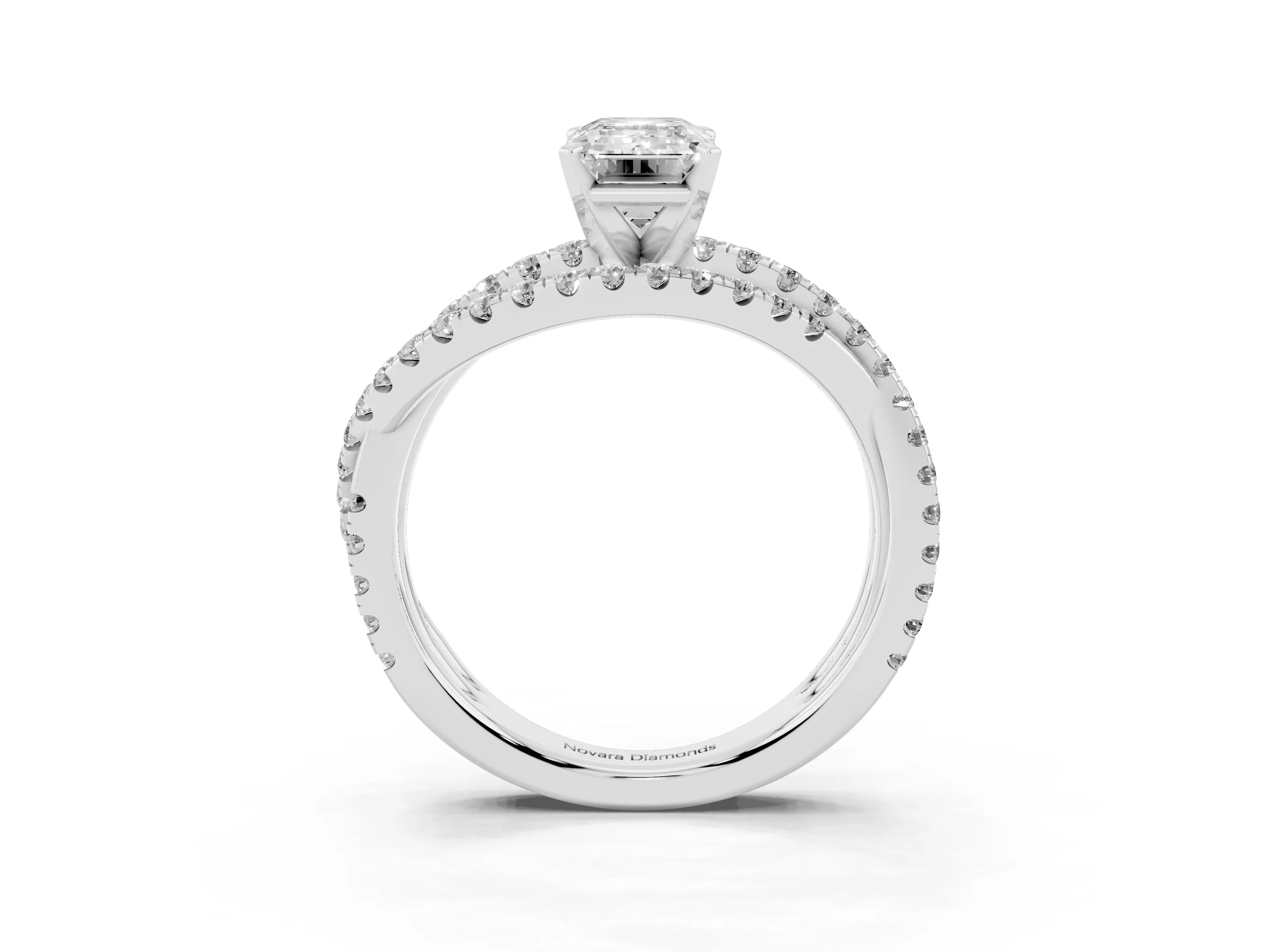 Emerald Cut Diamond Solitaire Twist Band Ring Set in White gold with Pavé Setting and Prong Head