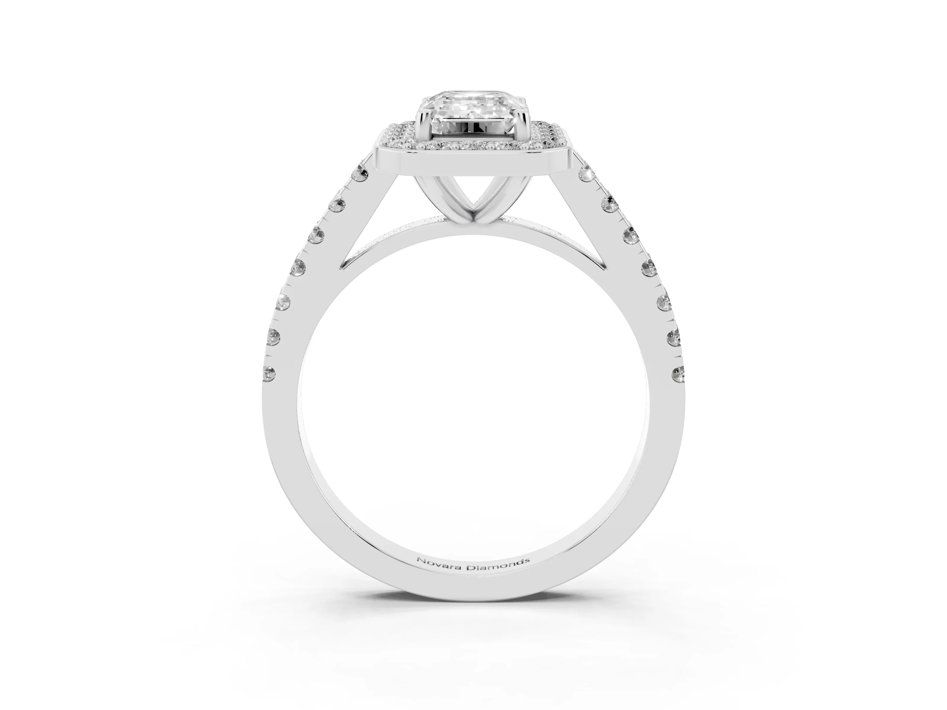 Emerald Cut Diamond Halo Ring Set in Platinum with Round Pavé Split Shank and Prong Setting