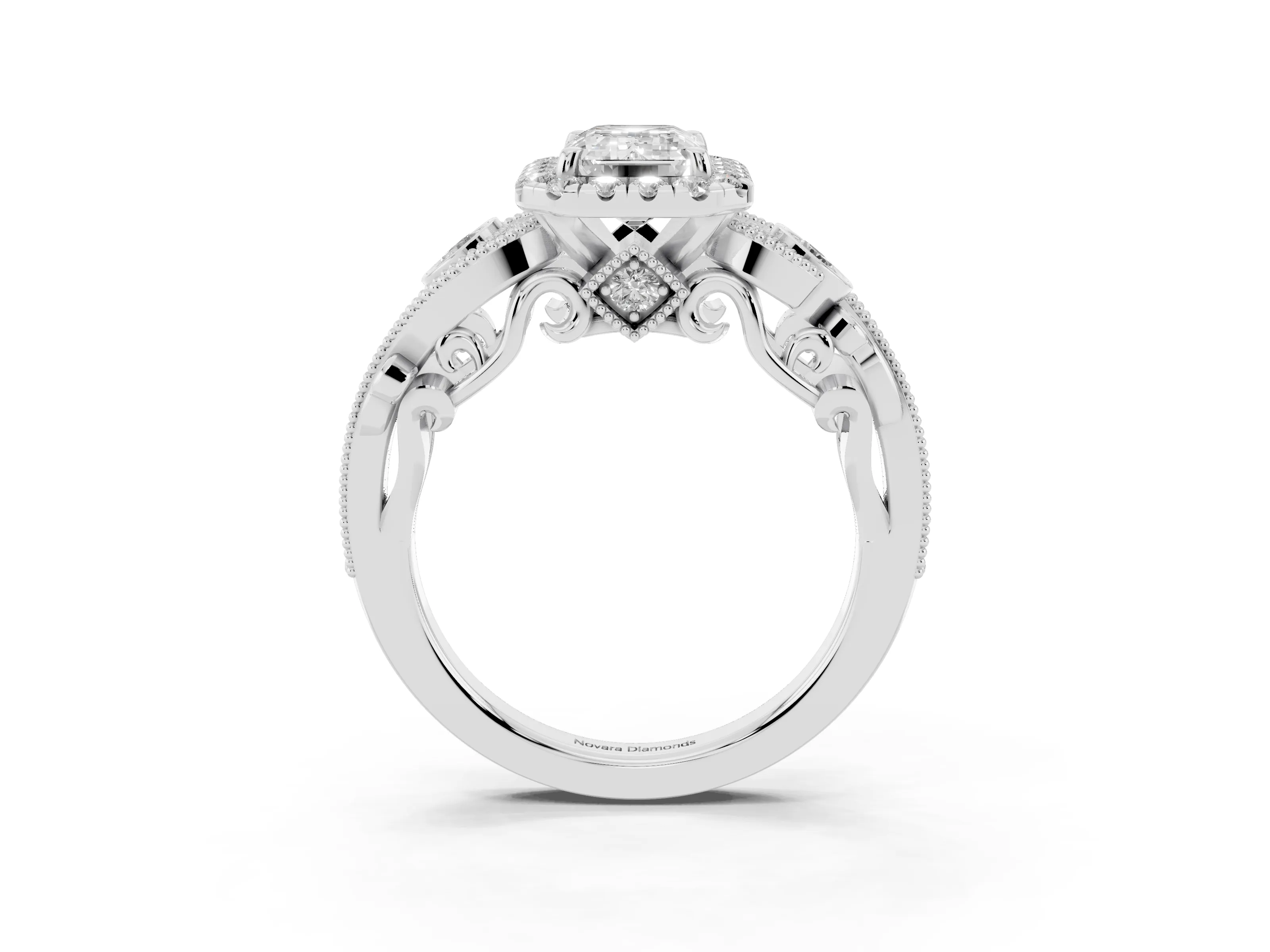 Emerald Cut Diamond Halo Ring Set in Silver with Milgrain Pavé Band and Prong Setting
