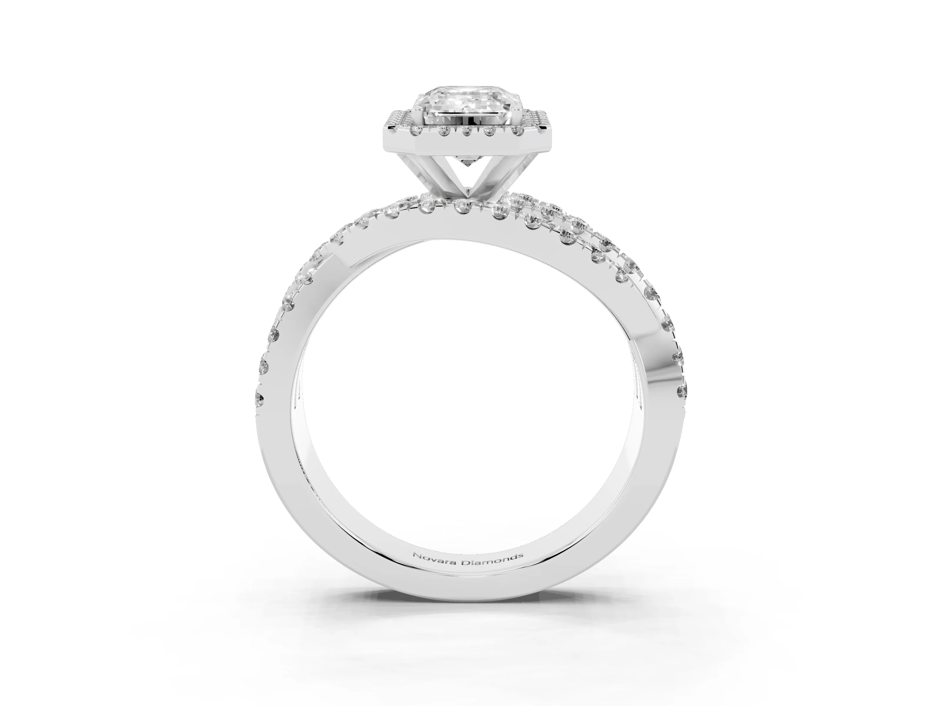 Emerald Cut Diamond Halo Ring Set in Platinum with Round Crossover Split Shank and Prong Setting