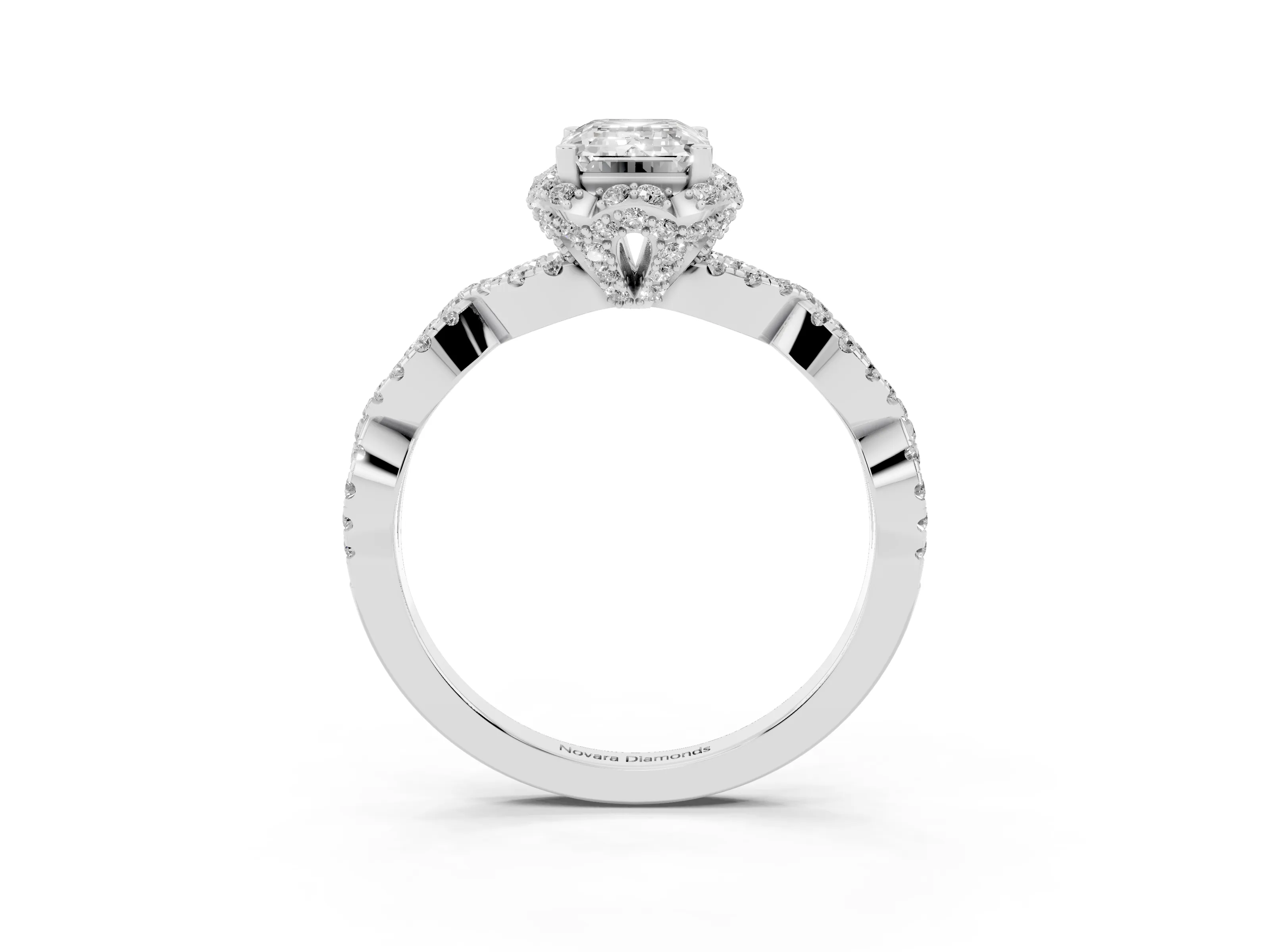 Emerald Cut Diamond Halo Twist Band Solitaire Ring Set in Silver with Prong-Set Center Stone
