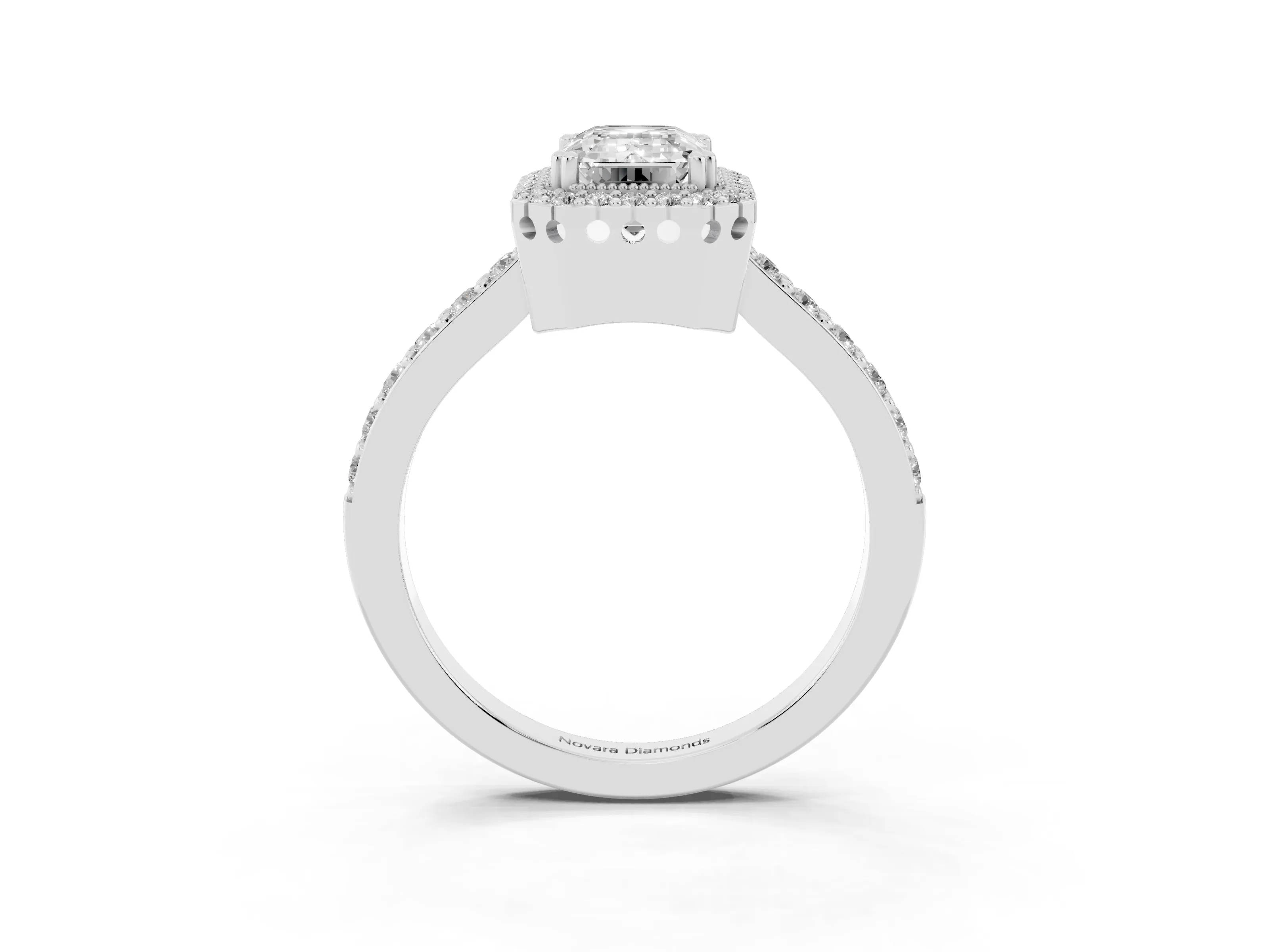Emerald Cut Diamond Halo Engagement Ring Set in Platinum with Milgrain Detail and Pavé Band