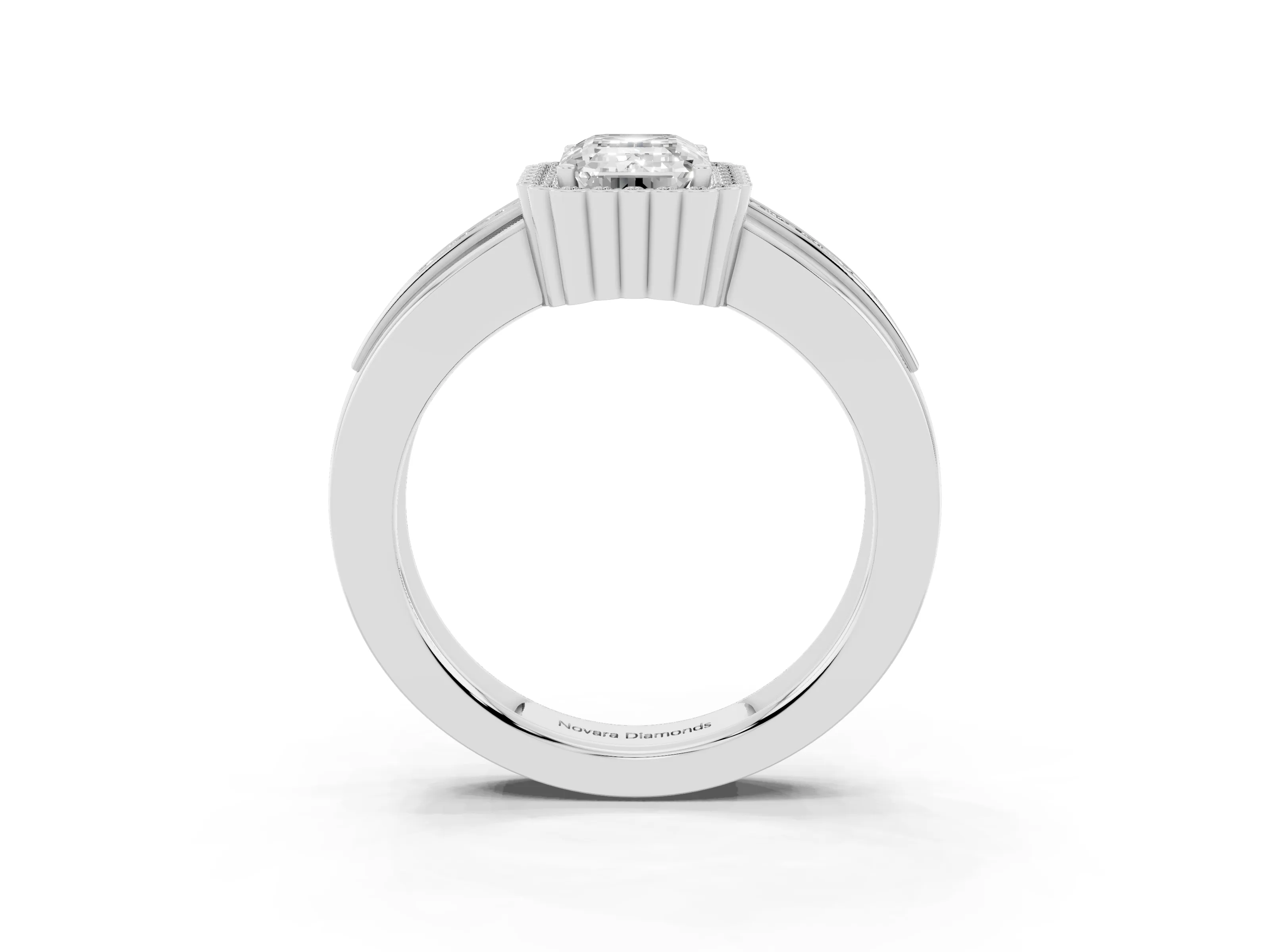 Emerald Cut Diamond Halo Prong Ring Set in White gold with Pavé Band