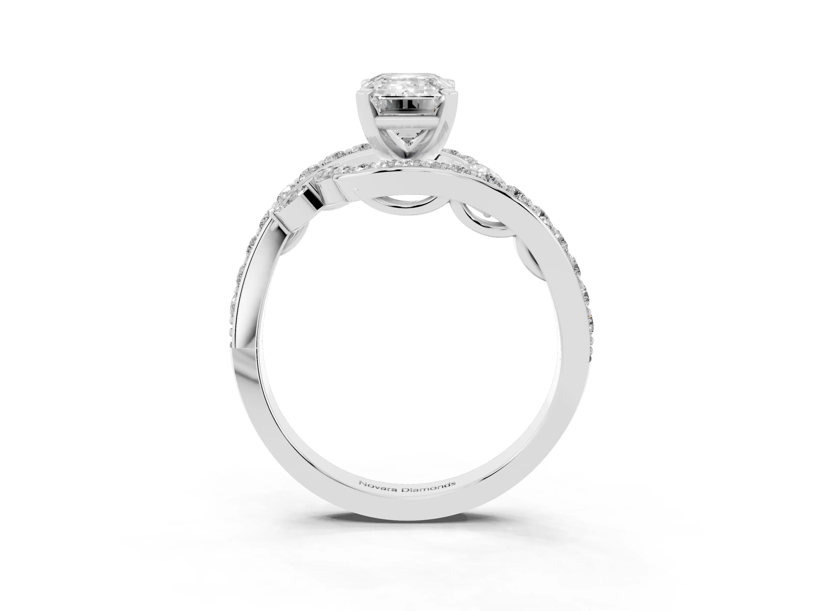 Emerald Cut Diamond Solitaire Ring Set in Platinum with Pavé Twist Band and Secure Prong Setting