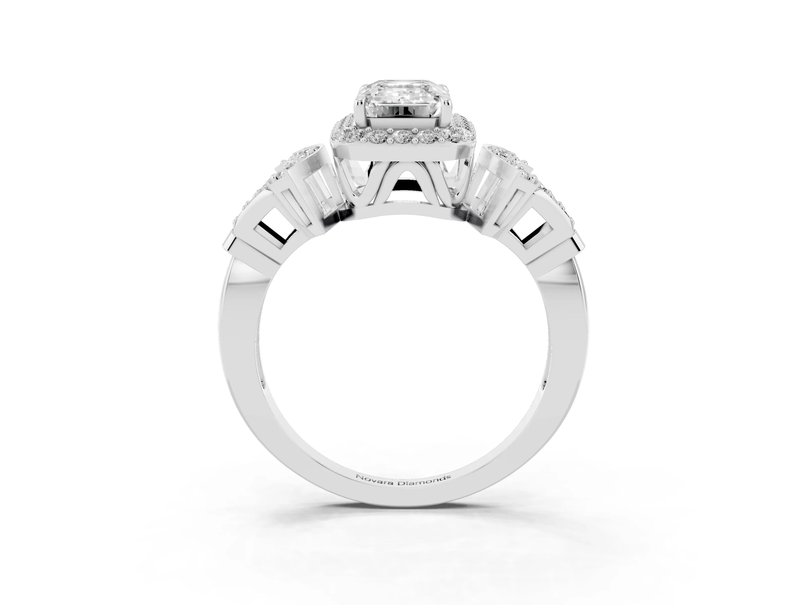 Emerald Cut Diamond Halo Engagement Ring Set in Silver with Accent Stone Split Shank